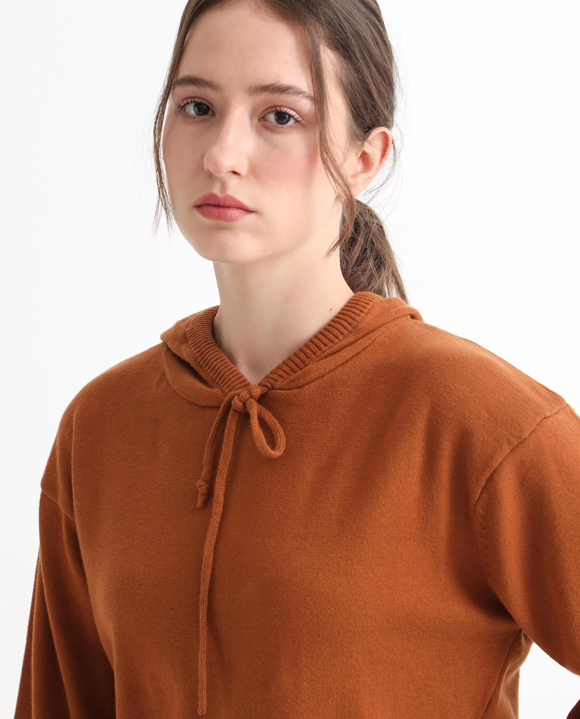 Rareism Women's Finn Sweat Rust Cotton Hooded Plain Relaxed Fit Sweater - Image 9