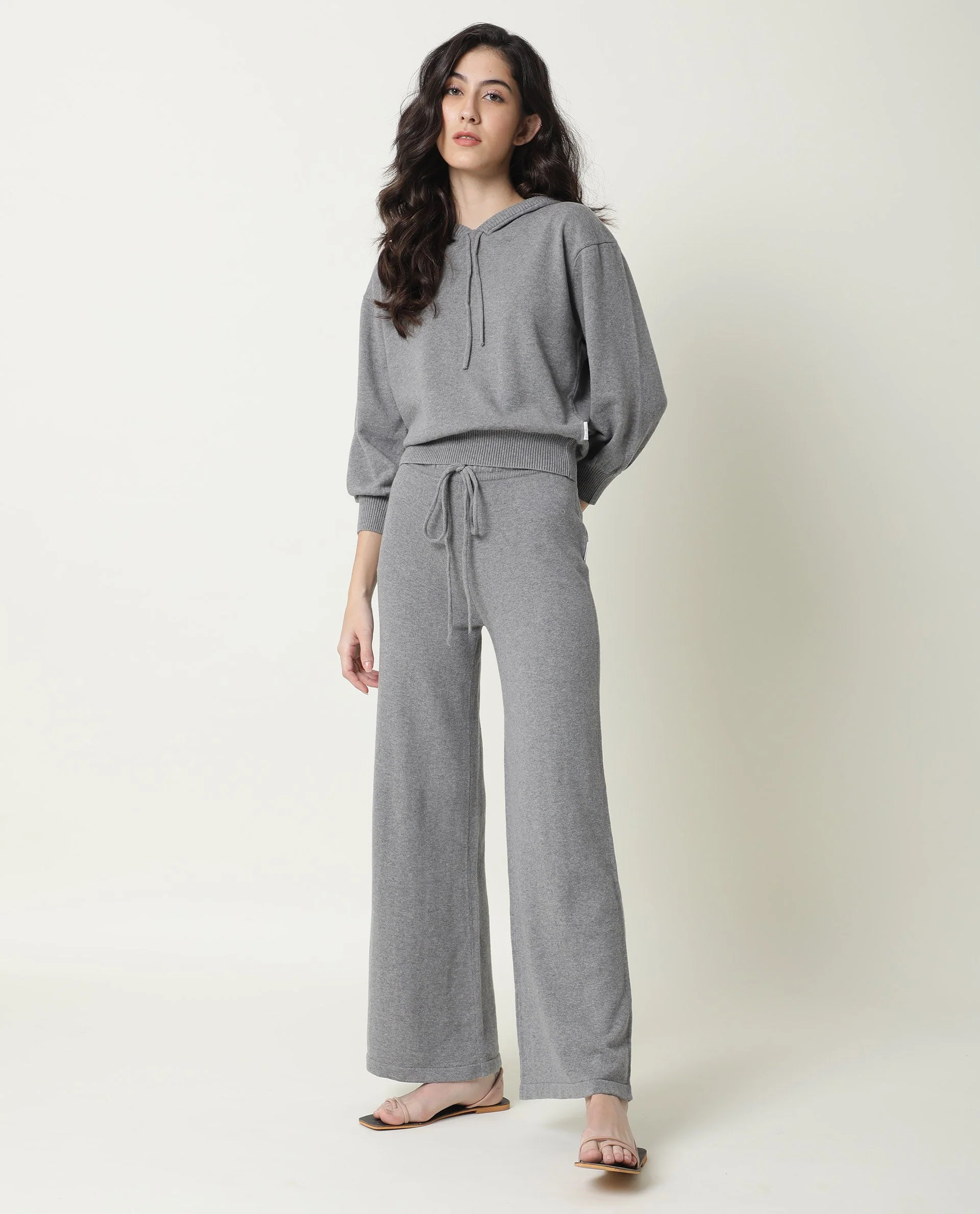 Rareism Women's Finn Track Grey Cotton Plain Ankle Length Flared Track Pant - Image 2