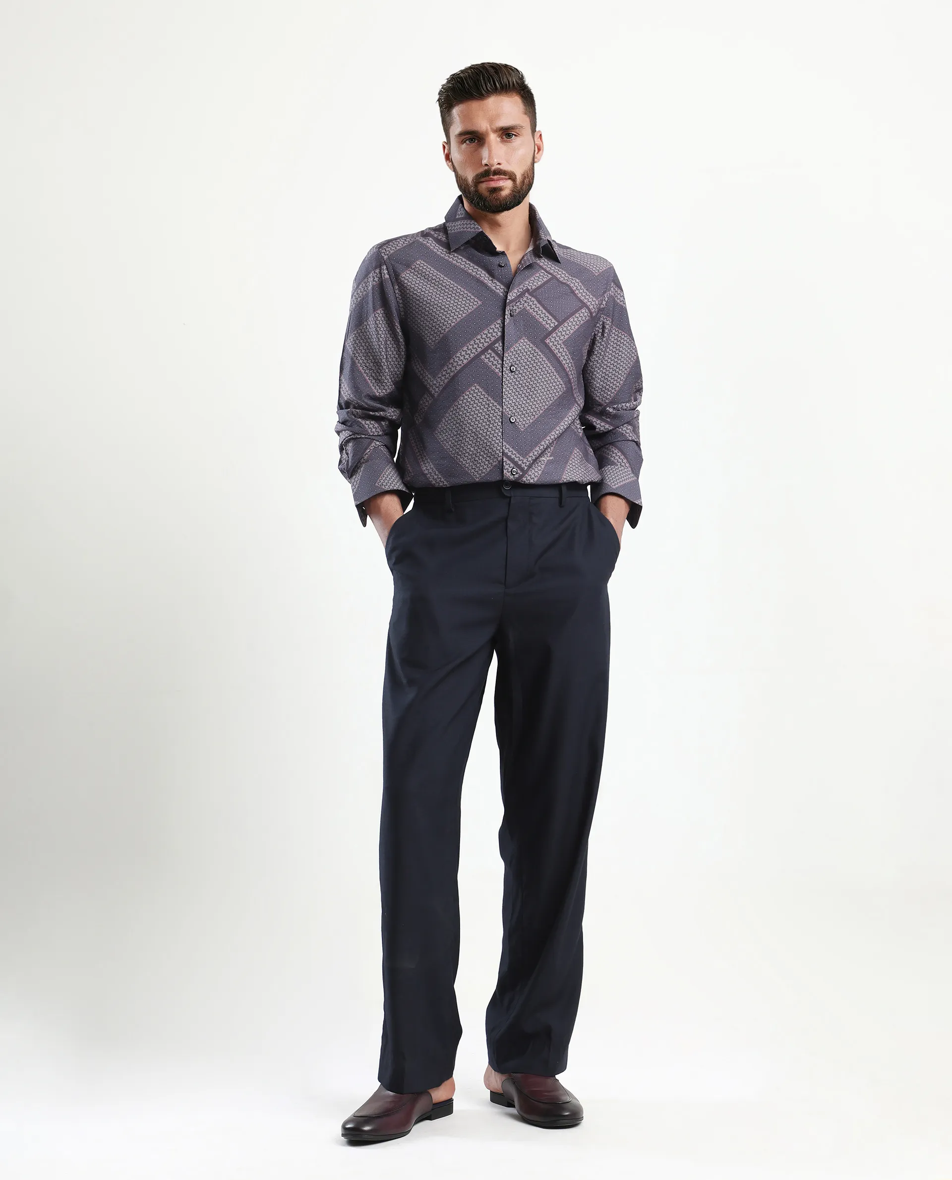 Rare Rabbit Men's Fino Dark Grey Viscose Blend Geometric Print Regular Fit Full Sleeve Collared Shirt - Image 2