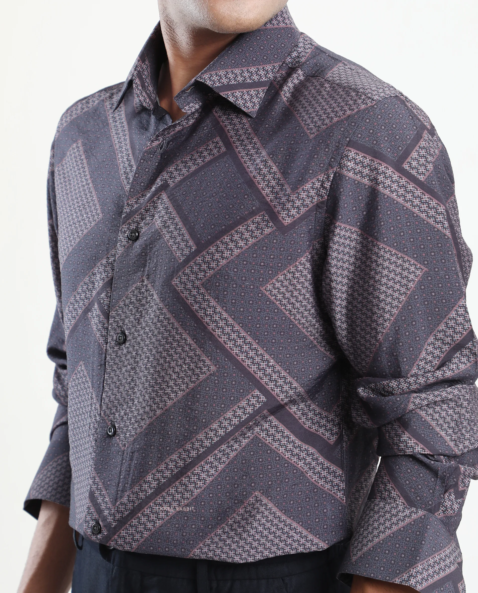Rare Rabbit Men's Fino Dark Grey Viscose Blend Geometric Print Regular Fit Full Sleeve Collared Shirt - Image 3