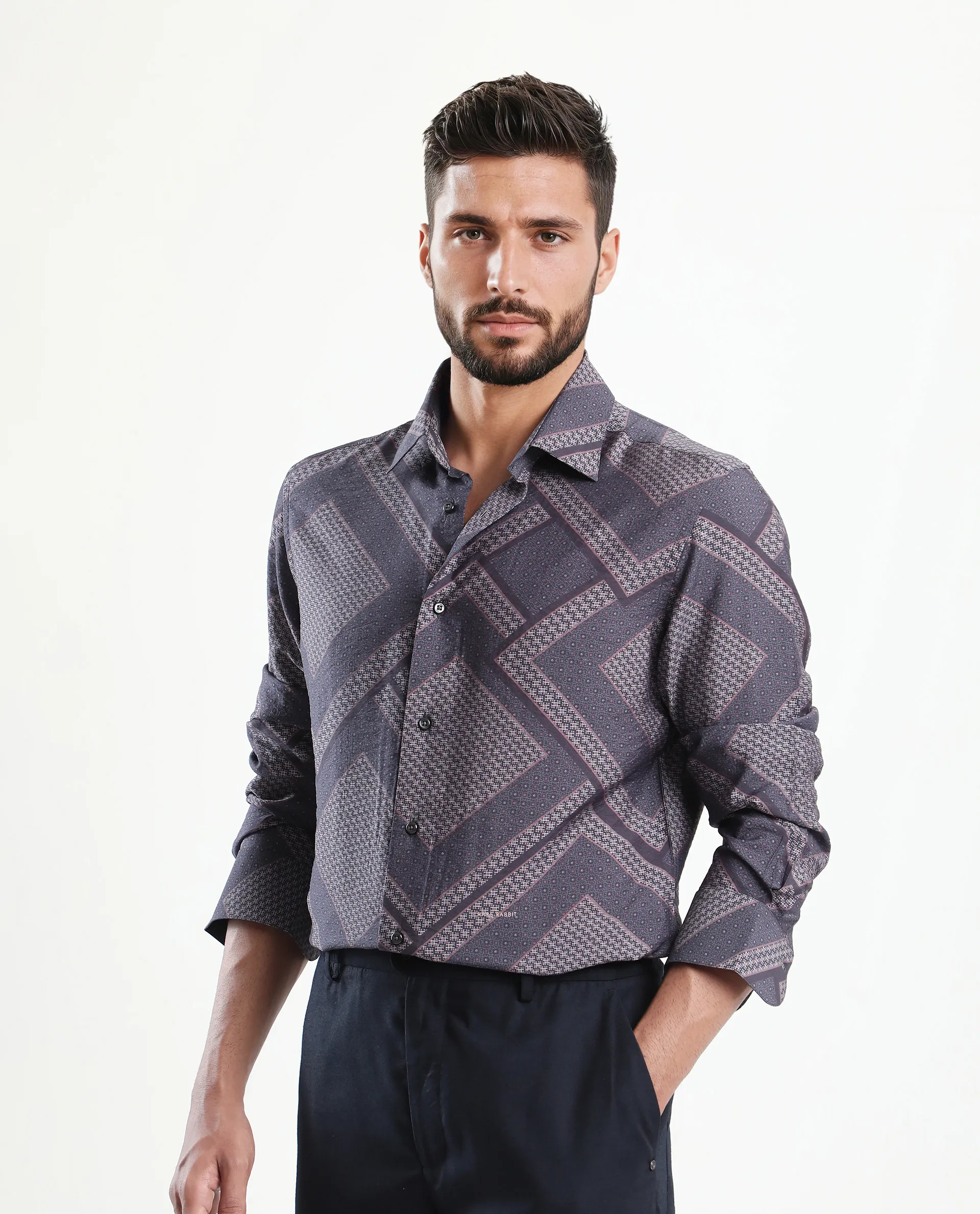 Rare Rabbit Men's Fino Dark Grey Viscose Blend Geometric Print Regular Fit Full Sleeve Collared Shirt - Image 4