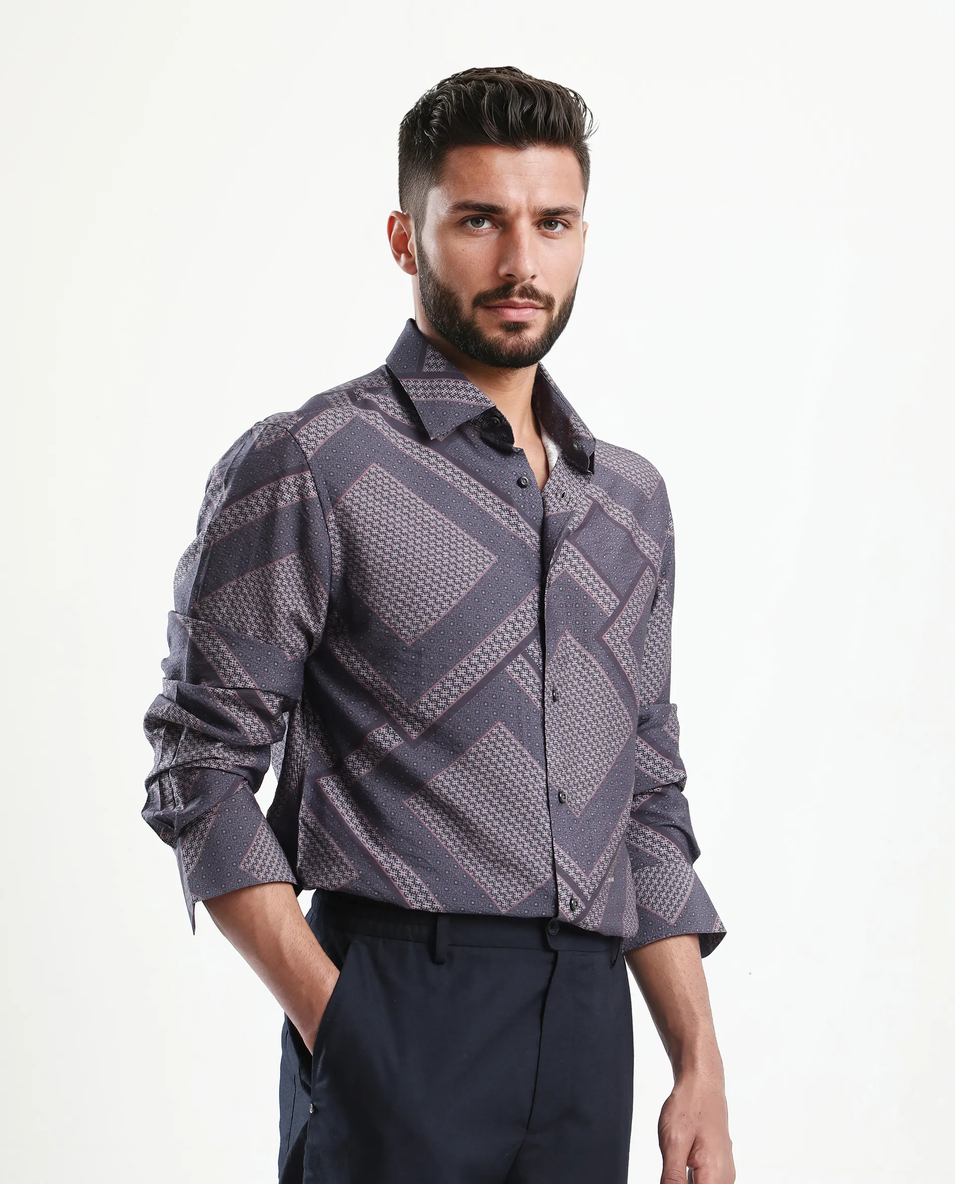 Rare Rabbit Men's Fino Dark Grey Viscose Blend Geometric Print Regular Fit Full Sleeve Collared Shirt - Image 5