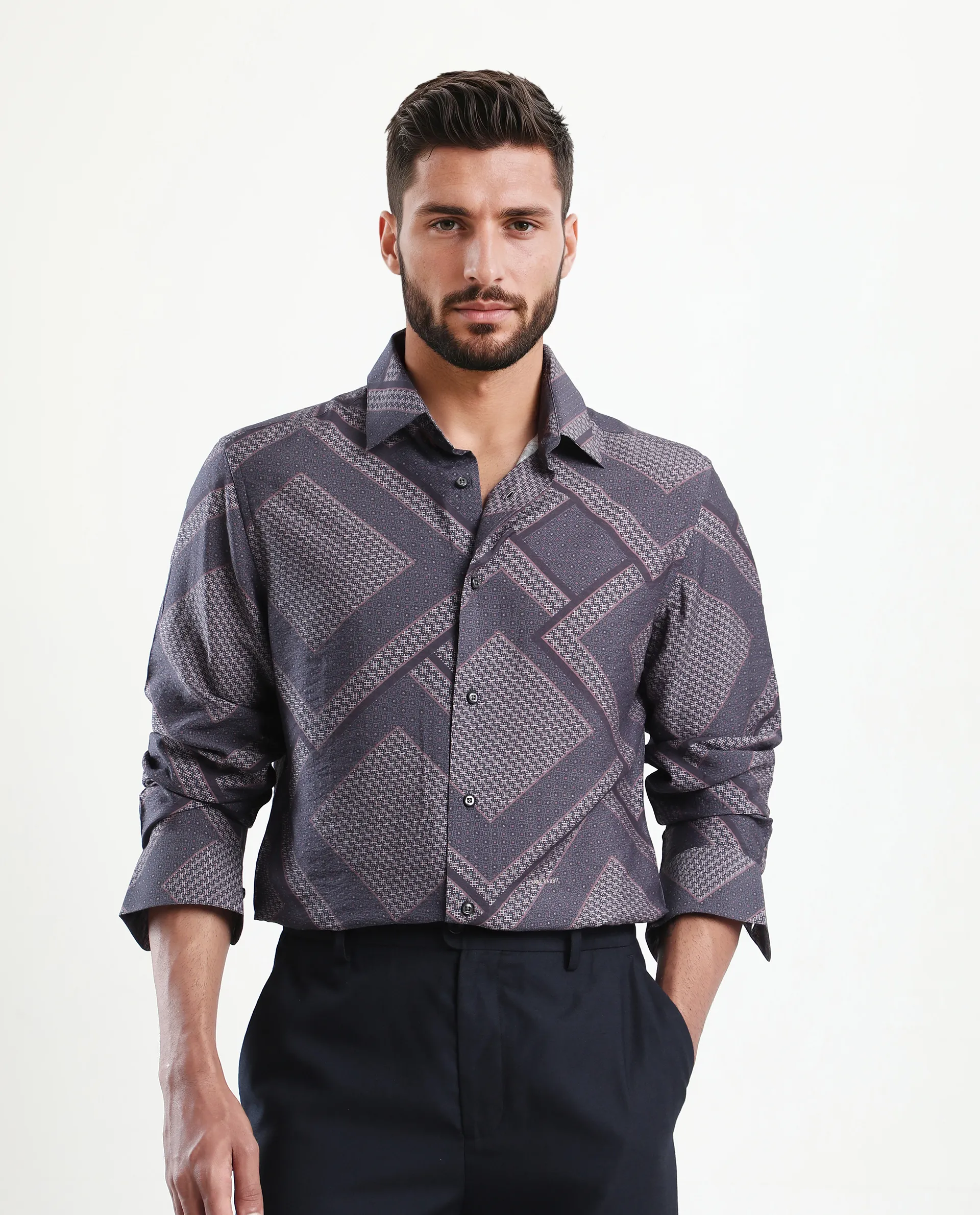 Rare Rabbit Men's Fino Dark Grey Viscose Blend Geometric Print Regular Fit Full Sleeve Collared Shirt - Image 6