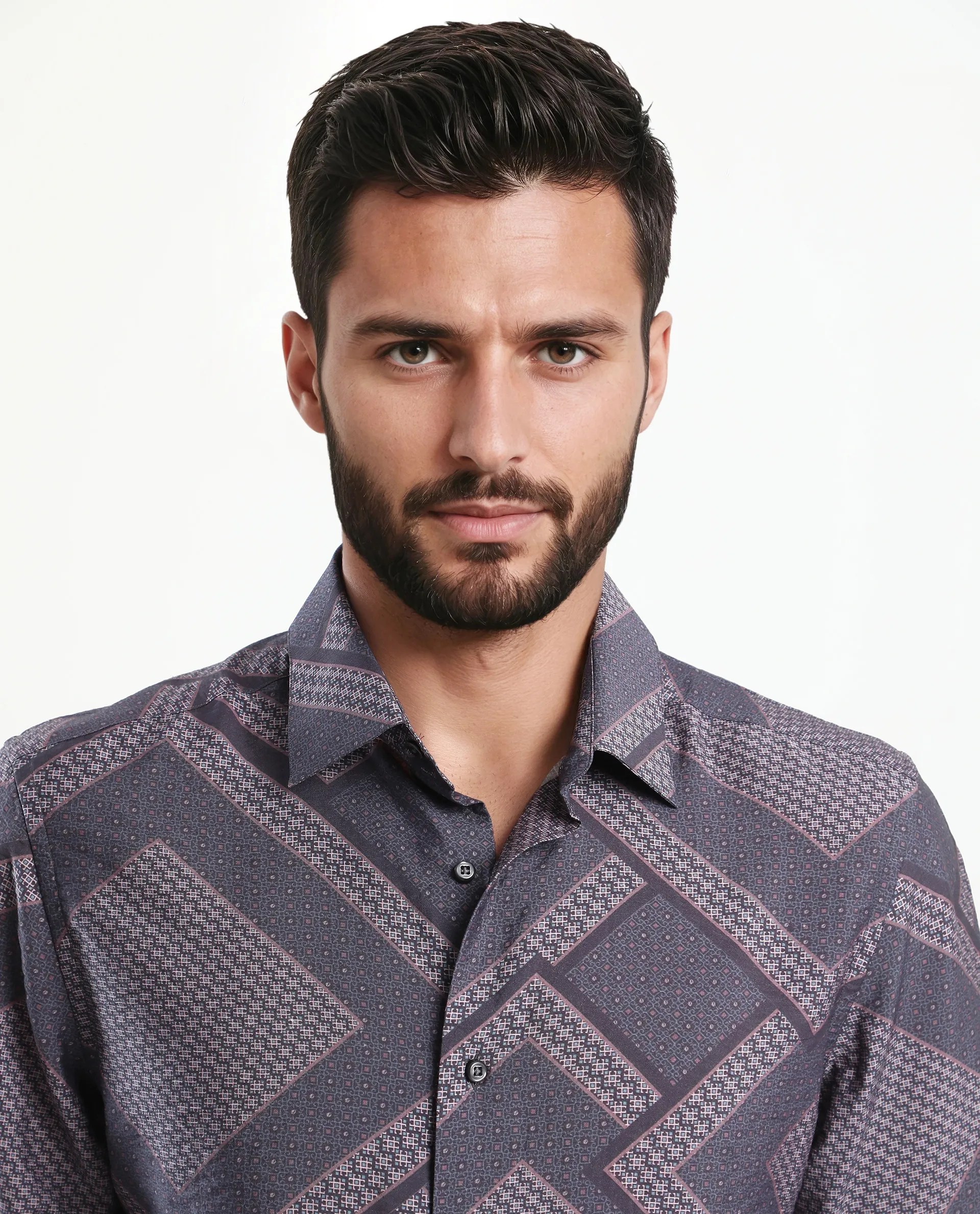 Rare Rabbit Men's Fino Dark Grey Viscose Blend Geometric Print Regular Fit Full Sleeve Collared Shirt - Image 7