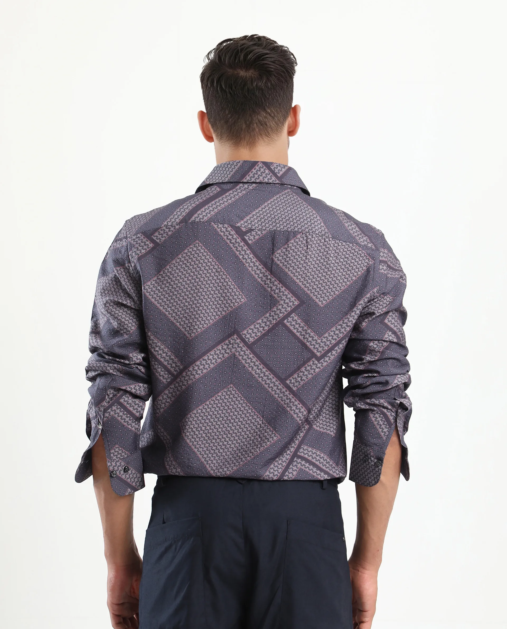 Rare Rabbit Men's Fino Dark Grey Viscose Blend Geometric Print Regular Fit Full Sleeve Collared Shirt - Image 8
