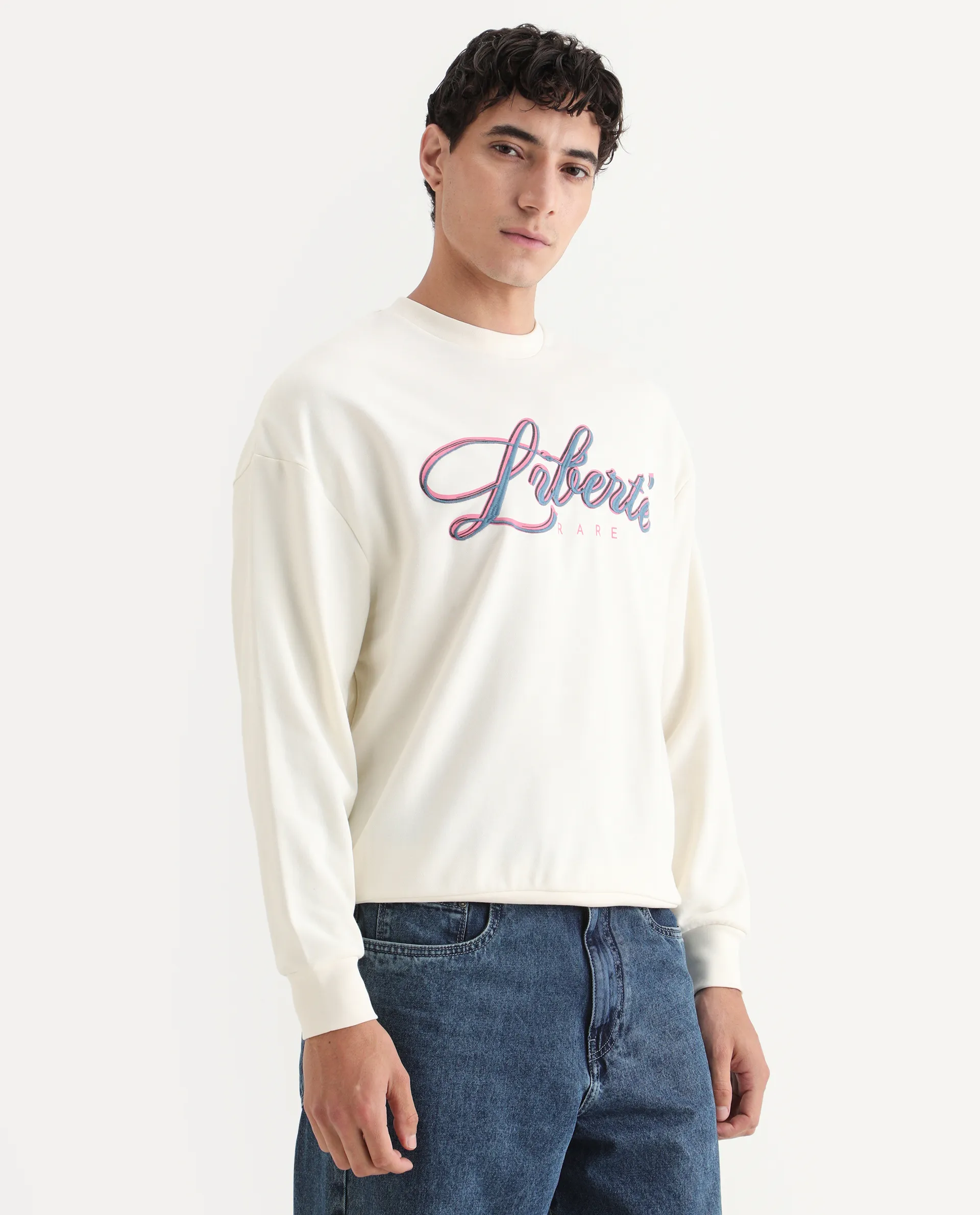 Rare Rabbit Men's Fint Off White Cotton Blend Graphic Print Boxy Fit Full Sleeve Crew Neck Sweatshirt - Image 4