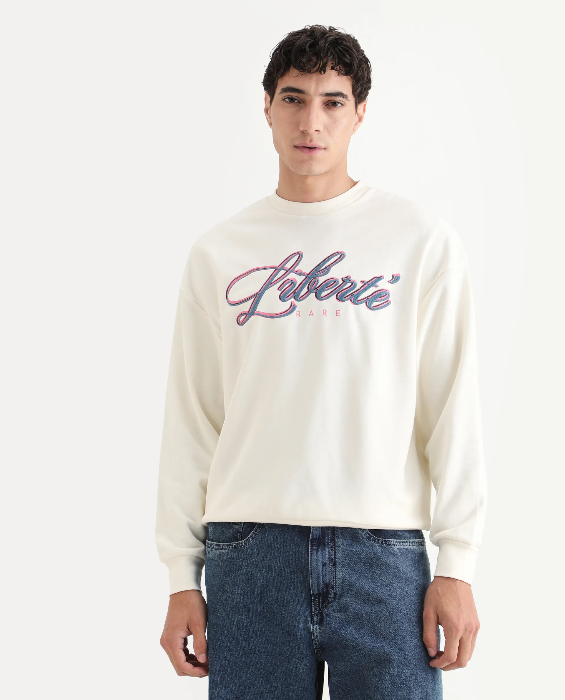 Rare Rabbit Men's Fint Off White Cotton Blend Graphic Print Boxy Fit Full Sleeve Crew Neck Sweatshirt - Image 5