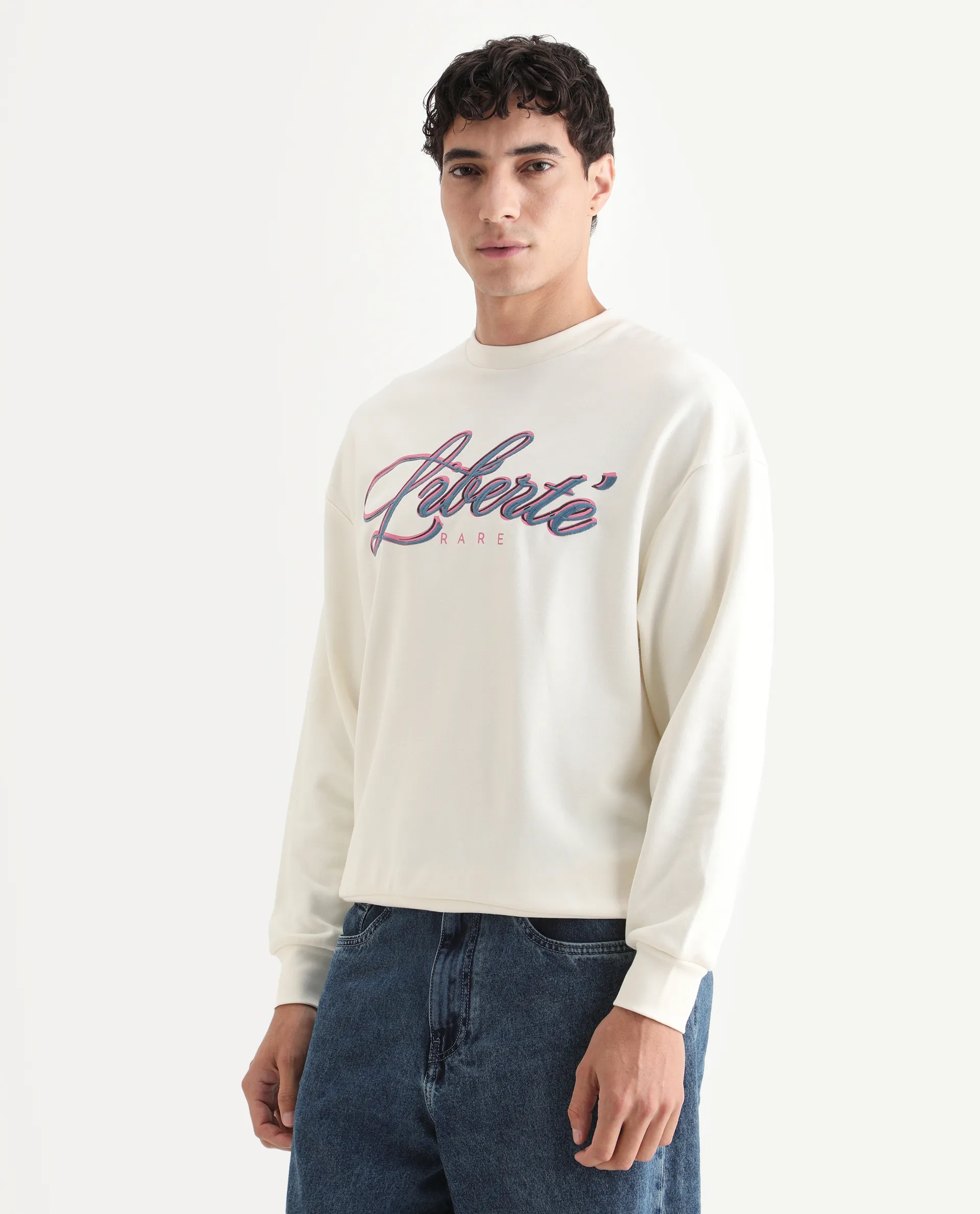 Rare Rabbit Men's Fint Off White Cotton Blend Graphic Print Boxy Fit Full Sleeve Crew Neck Sweatshirt - Image 6