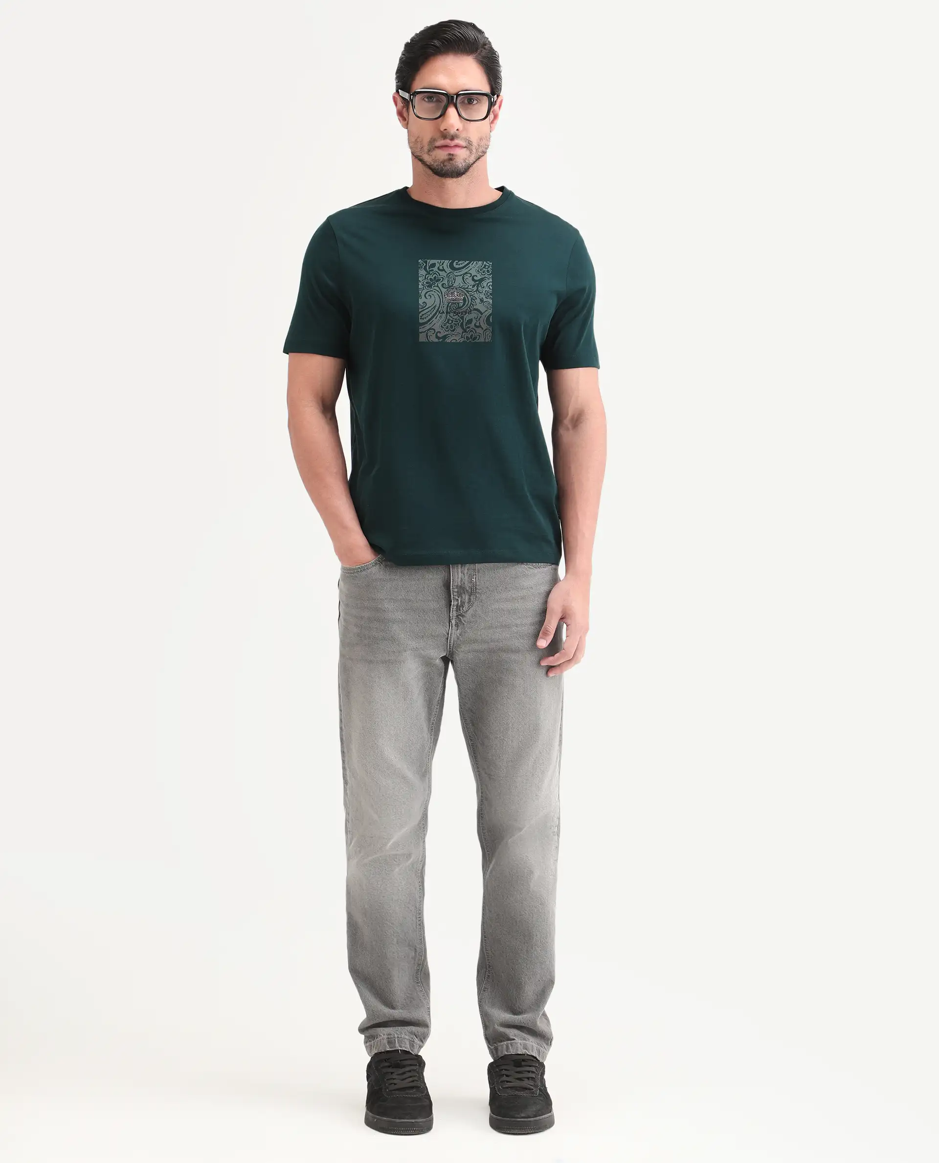 Rare Rabbit Men's Fiol Dark Green Cotton Fabric Half Sleeve Crew Neck Regular Fit Graphic Print T-Shirt - Image 2