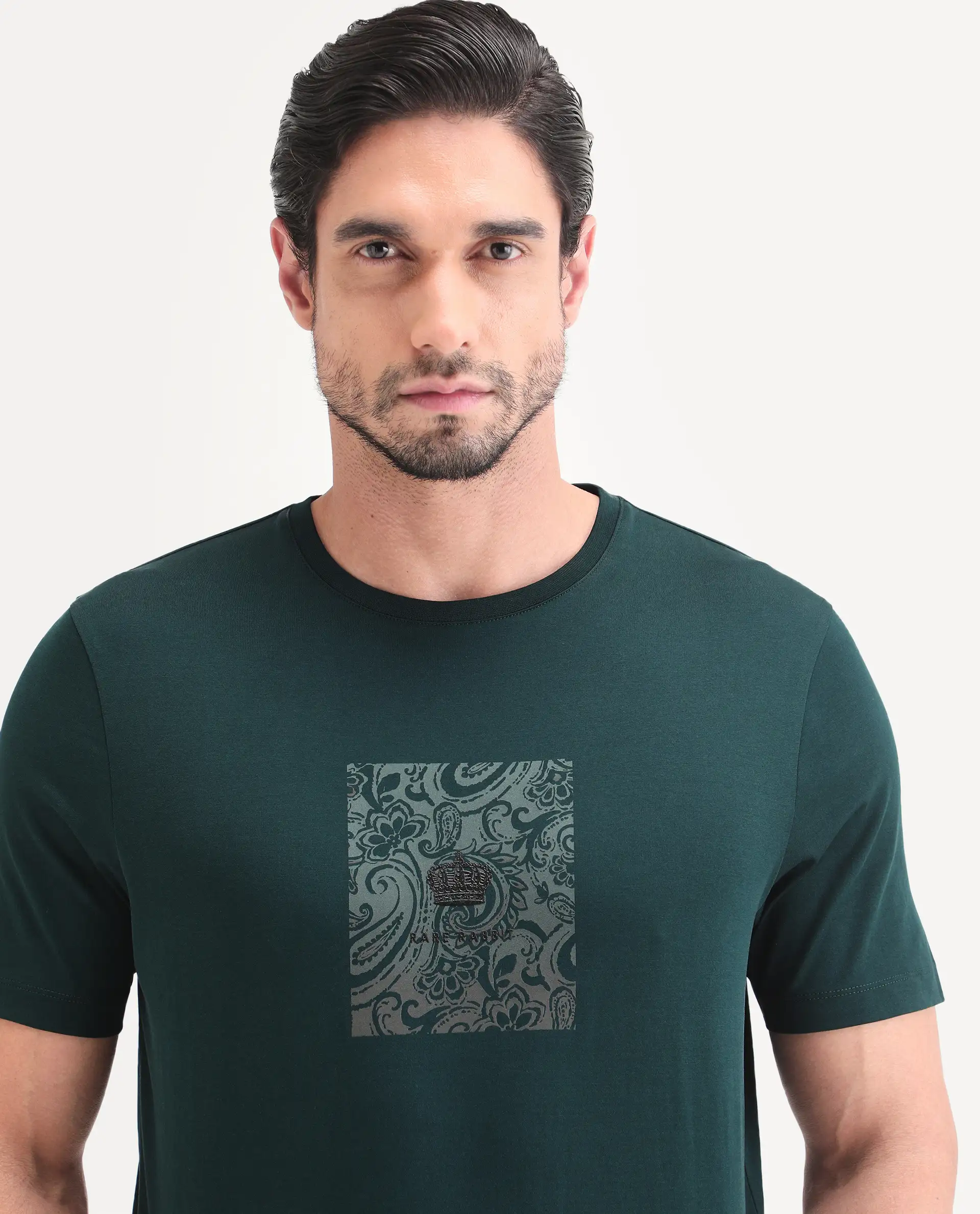 Rare Rabbit Men's Fiol Dark Green Cotton Fabric Half Sleeve Crew Neck Regular Fit Graphic Print T-Shirt - Image 3