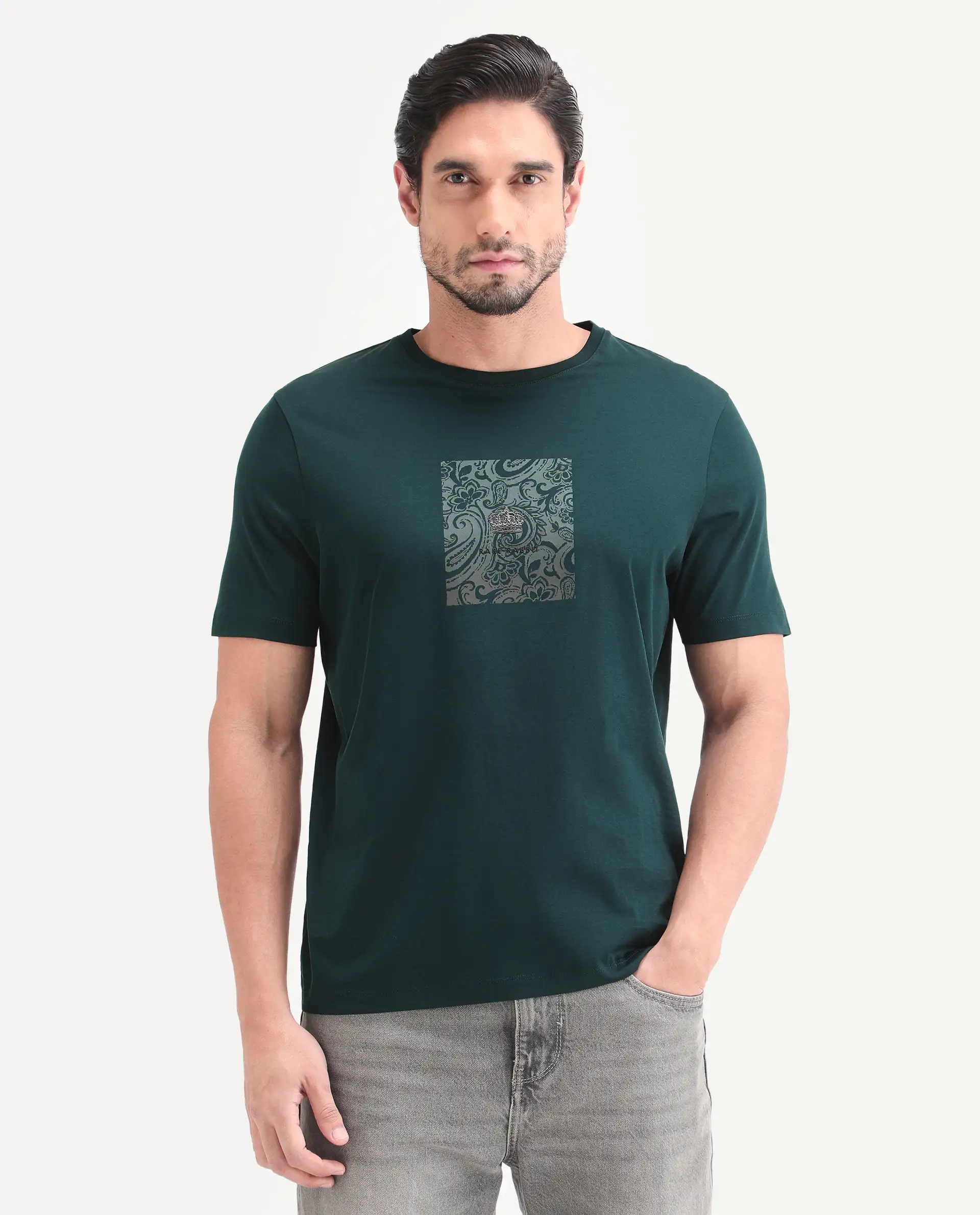 Rare Rabbit Men's Fiol Dark Green Cotton Fabric Half Sleeve Crew Neck Regular Fit Graphic Print T-Shirt - Image 4
