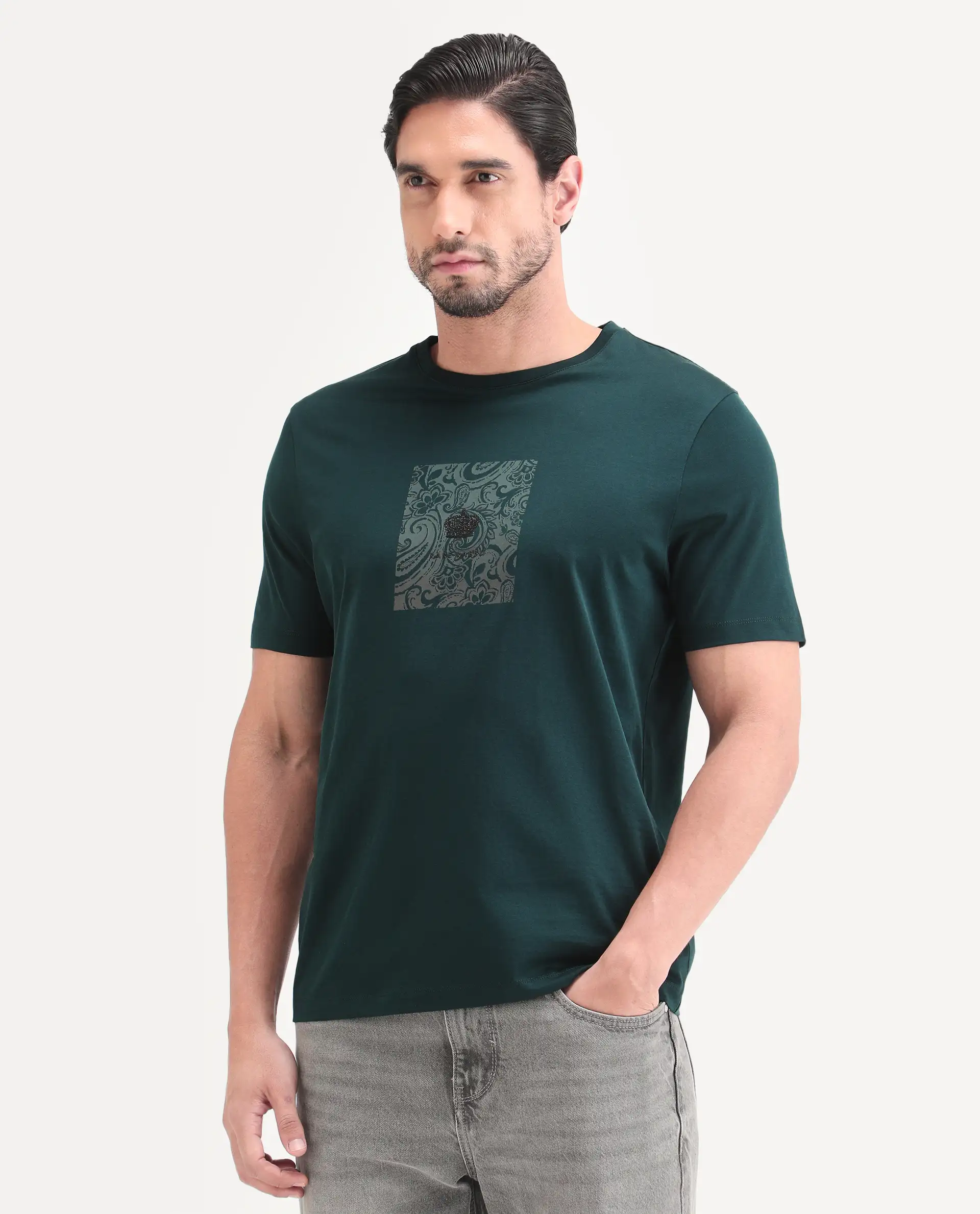 Rare Rabbit Men's Fiol Dark Green Cotton Fabric Half Sleeve Crew Neck Regular Fit Graphic Print T-Shirt - Image 5