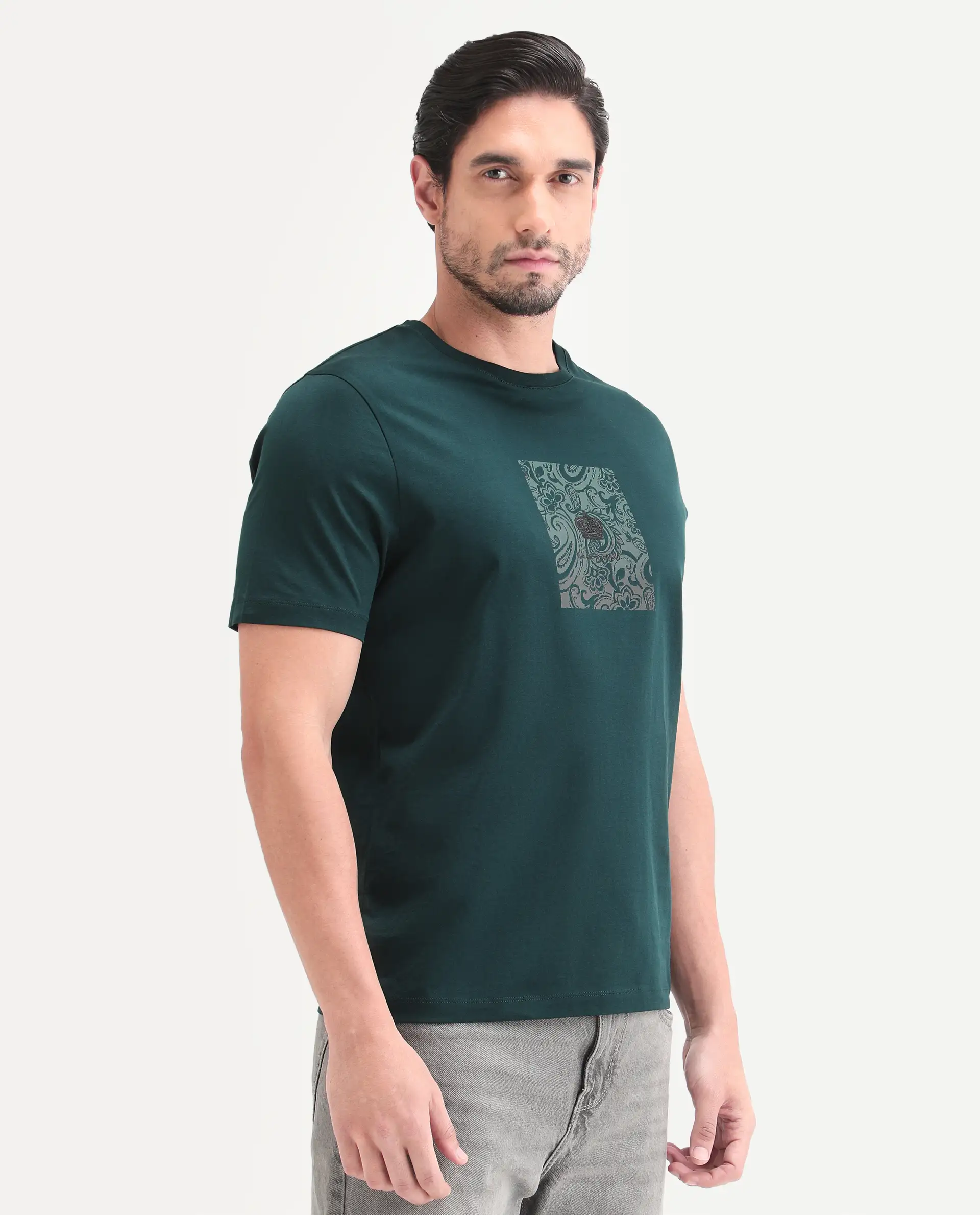 Rare Rabbit Men's Fiol Dark Green Cotton Fabric Half Sleeve Crew Neck Regular Fit Graphic Print T-Shirt - Image 6