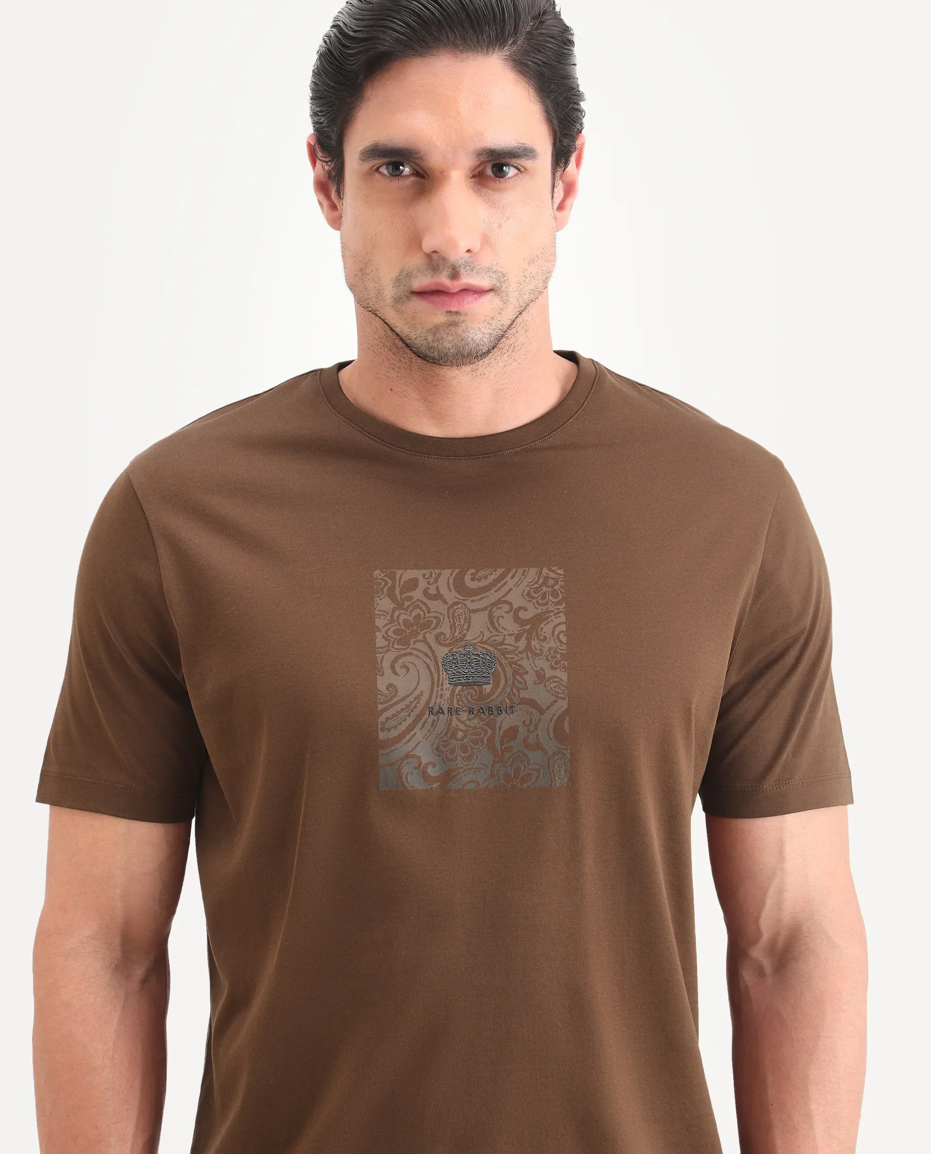 Rare Rabbit Men's Fiol Dusky Orange Cotton Fabric Half Sleeve Crew Neck Regular Fit Graphic Print T-Shirt - Image 3