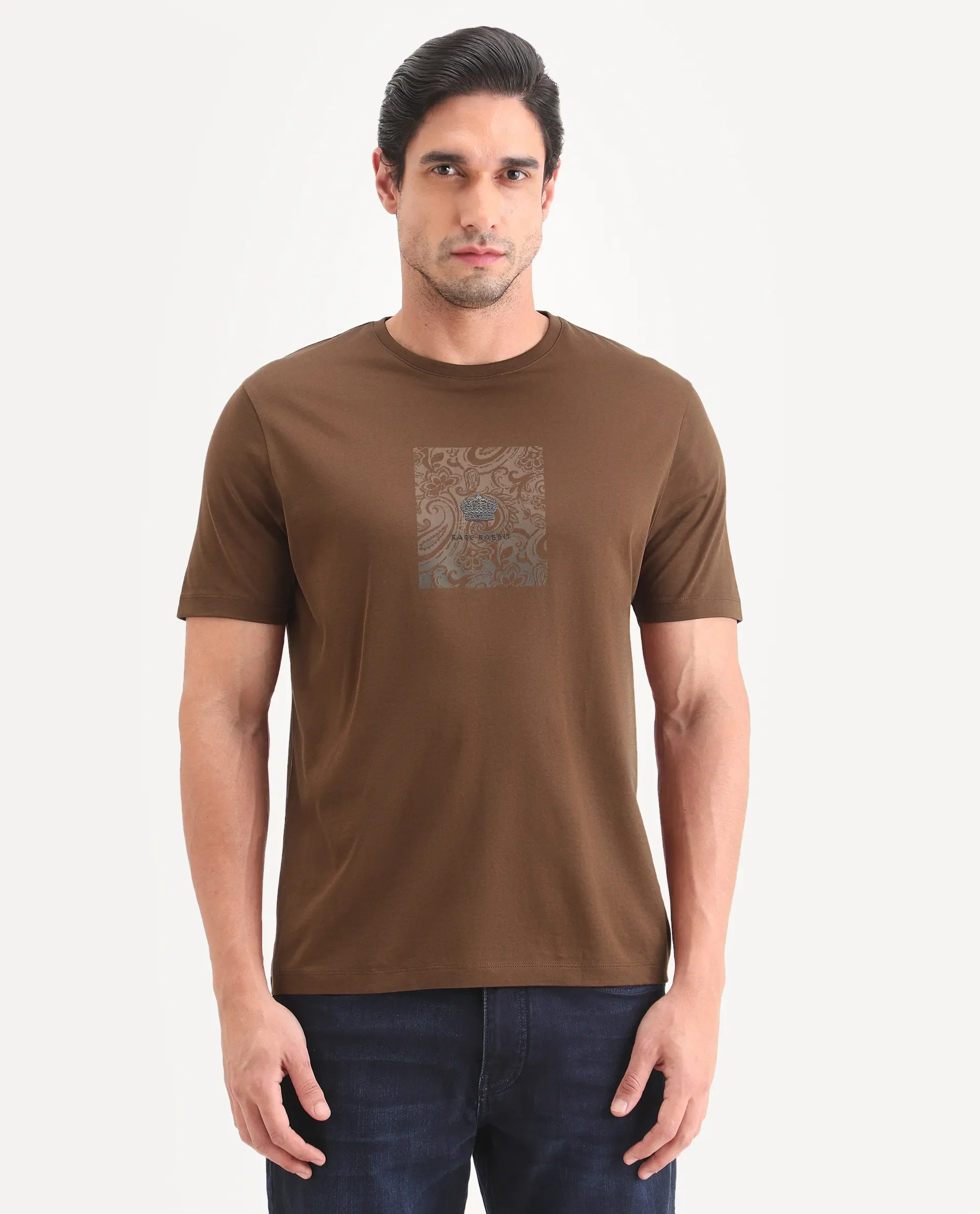 Rare Rabbit Men's Fiol Dusky Orange Cotton Fabric Half Sleeve Crew Neck Regular Fit Graphic Print T-Shirt - Image 4