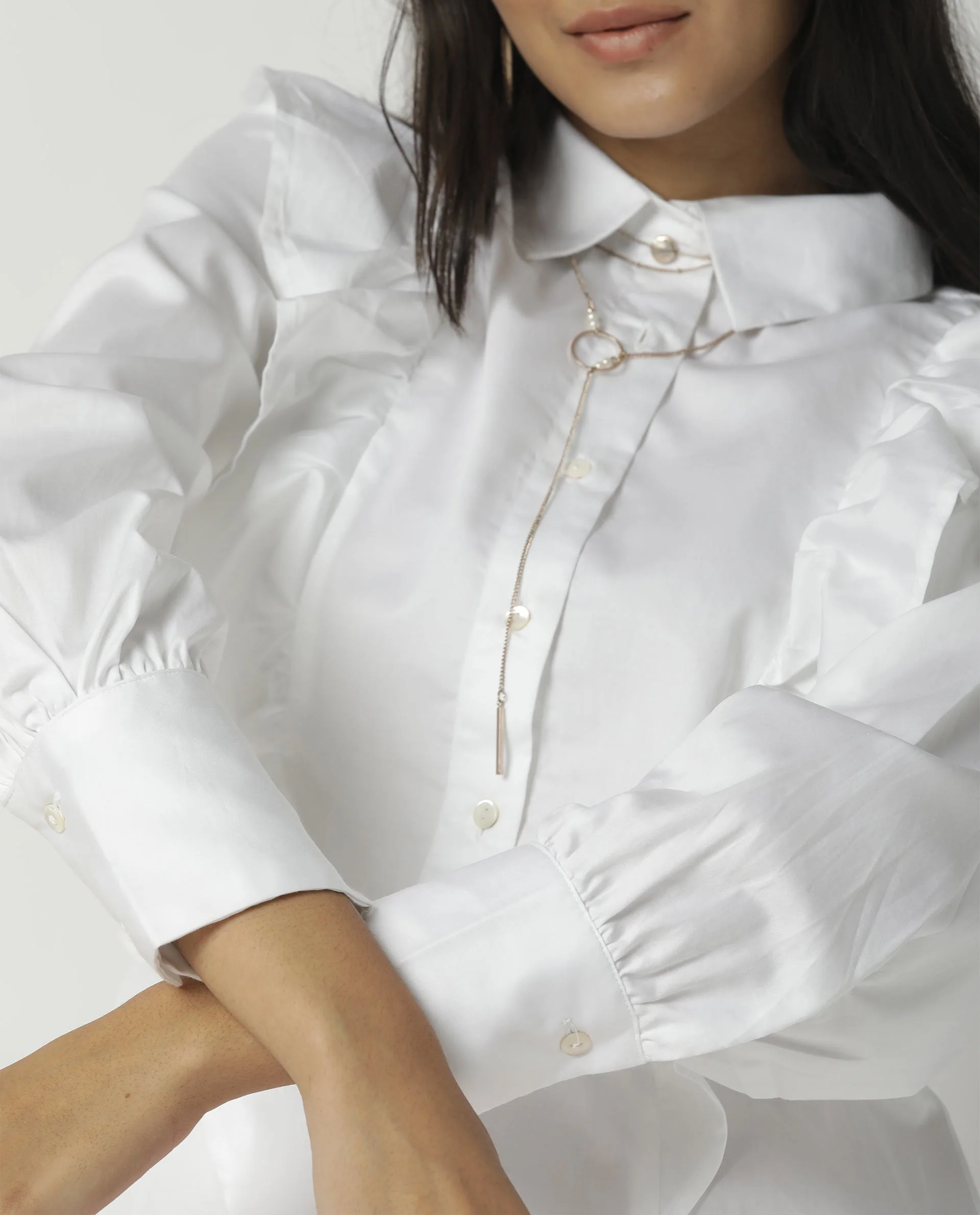 Rareism Womens Fiona White Top Cotton Lycra Fabric Regular Fit Cuffed Sleeve Collared Neck - Image 10