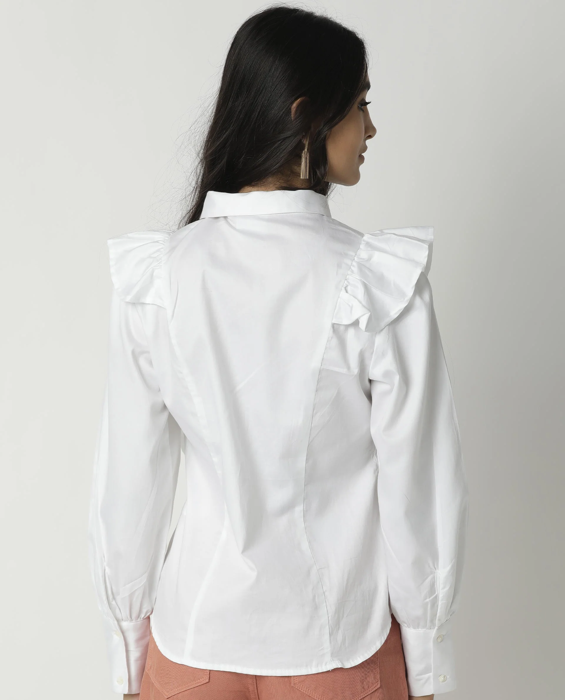 Rareism Womens Fiona White Top Cotton Lycra Fabric Regular Fit Cuffed Sleeve Collared Neck - Image 11