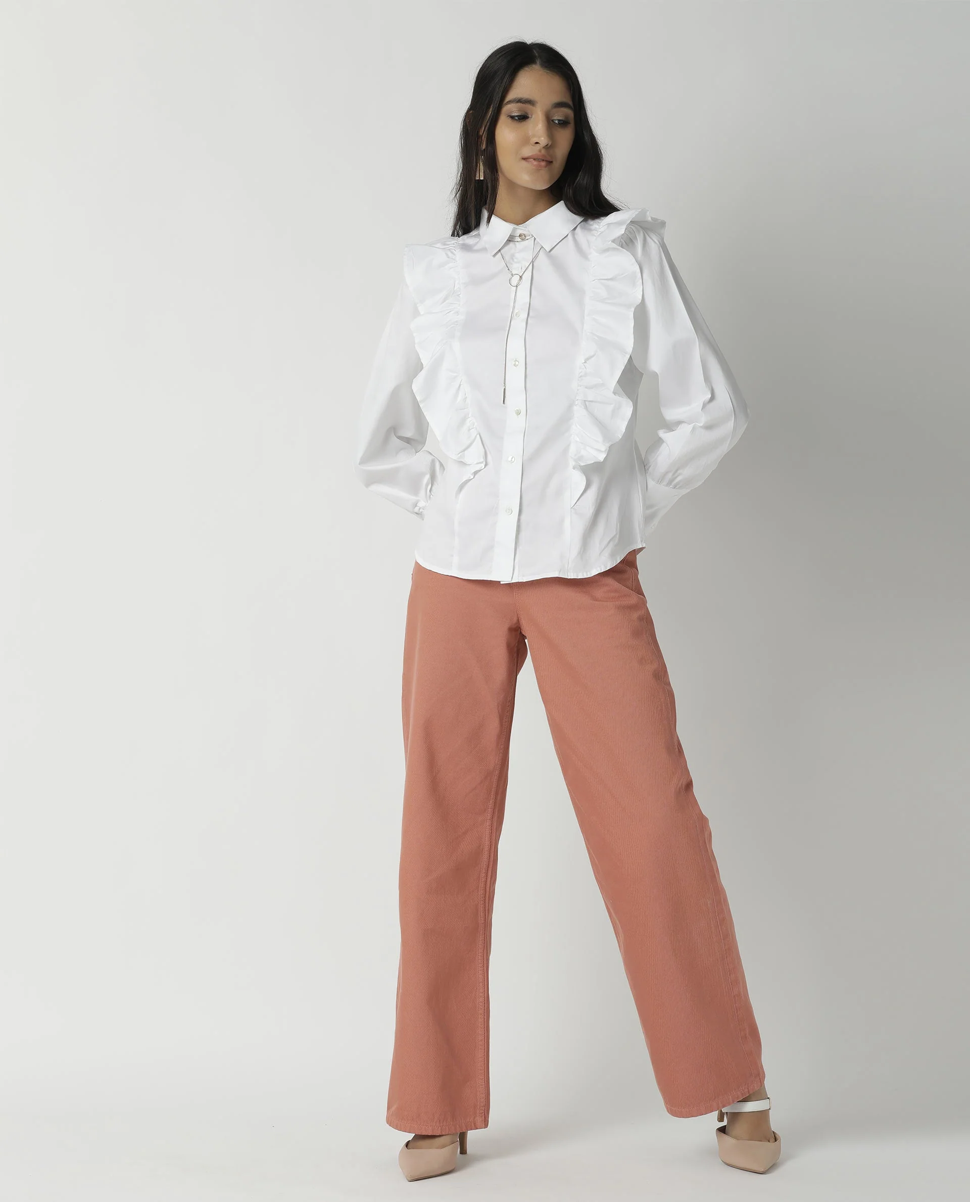 Rareism Womens Fiona White Top Cotton Lycra Fabric Regular Fit Cuffed Sleeve Collared Neck - Image 12