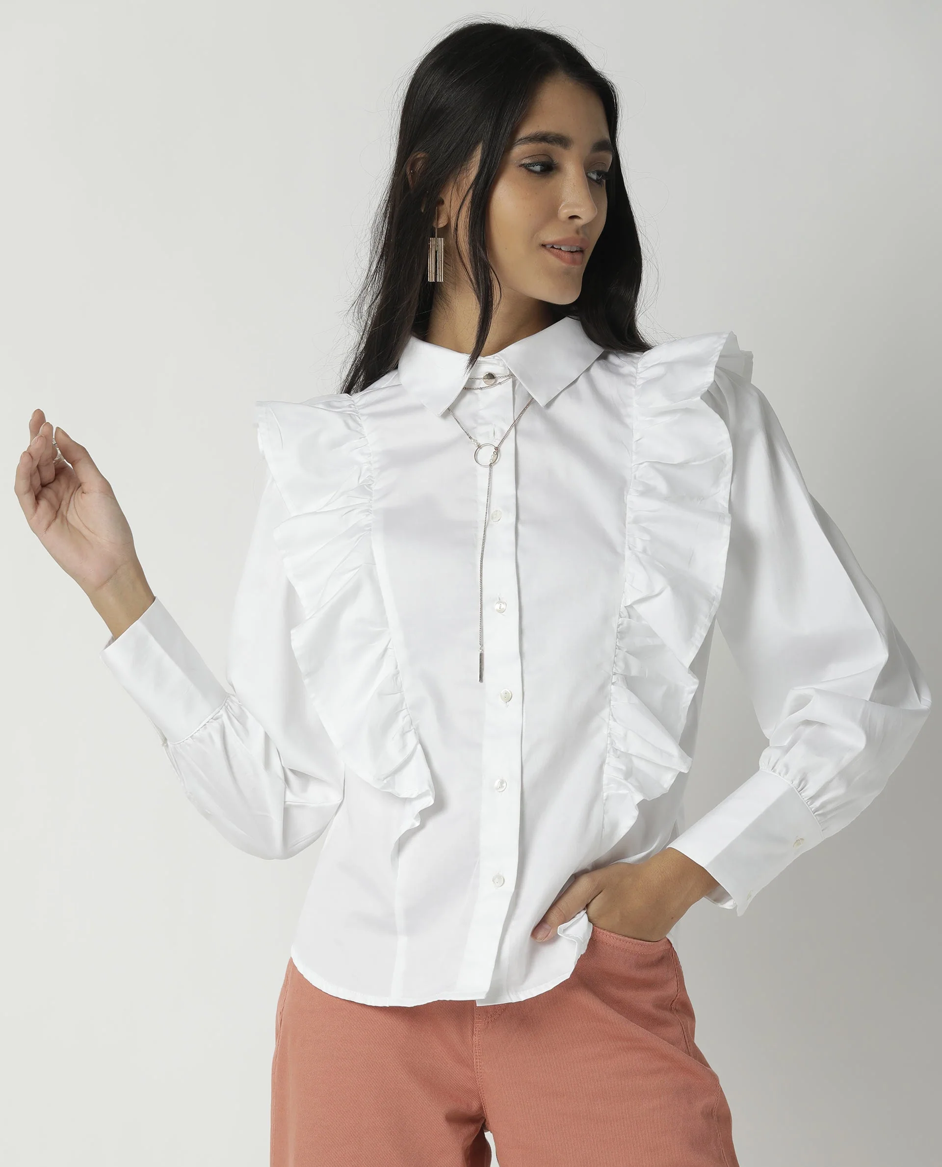 Rareism Womens Fiona White Top Cotton Lycra Fabric Regular Fit Cuffed Sleeve Collared Neck - Image 2
