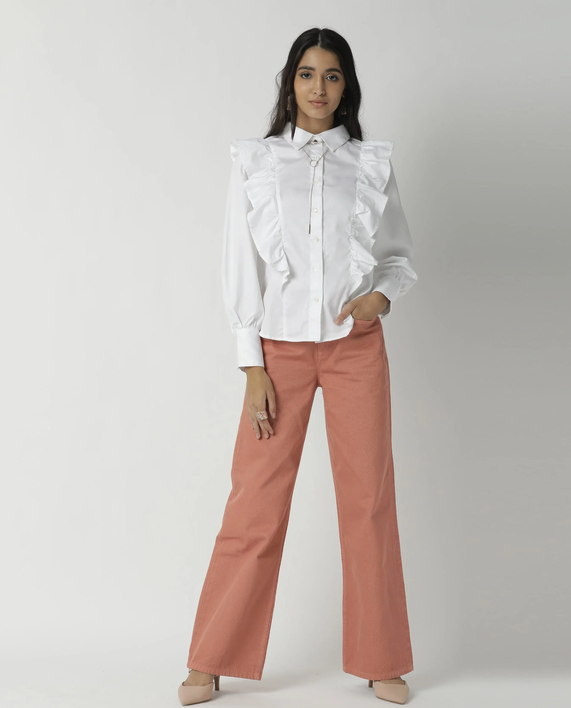 Rareism Womens Fiona White Top Cotton Lycra Fabric Regular Fit Cuffed Sleeve Collared Neck - Image 3