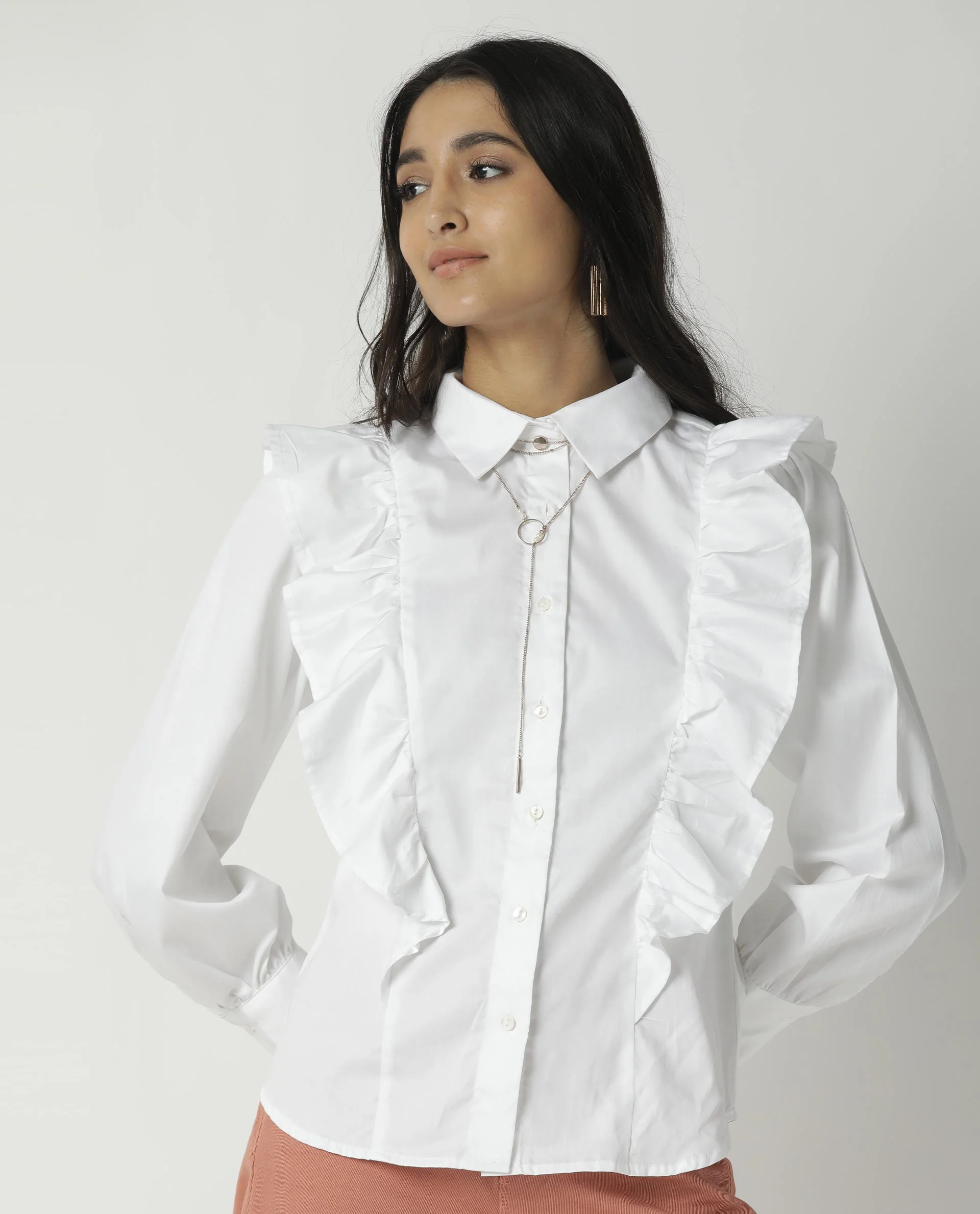 Rareism Womens Fiona White Top Cotton Lycra Fabric Regular Fit Cuffed Sleeve Collared Neck - Image 6