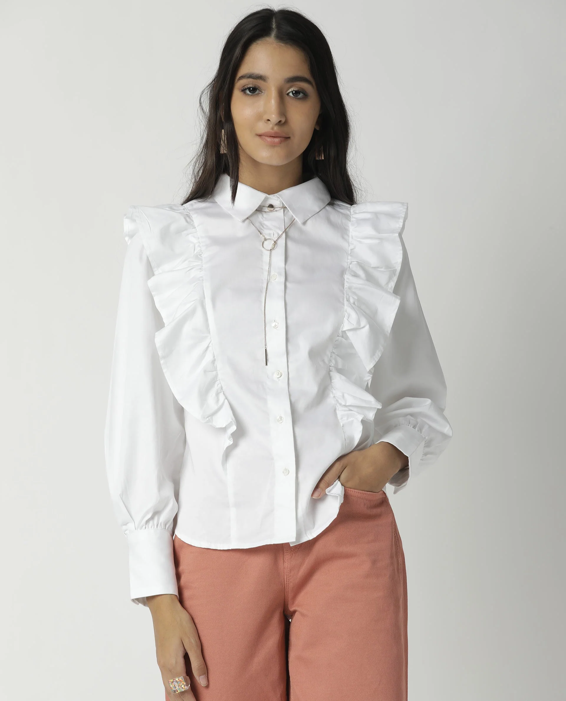 Rareism Womens Fiona White Top Cotton Lycra Fabric Regular Fit Cuffed Sleeve Collared Neck - Image 8