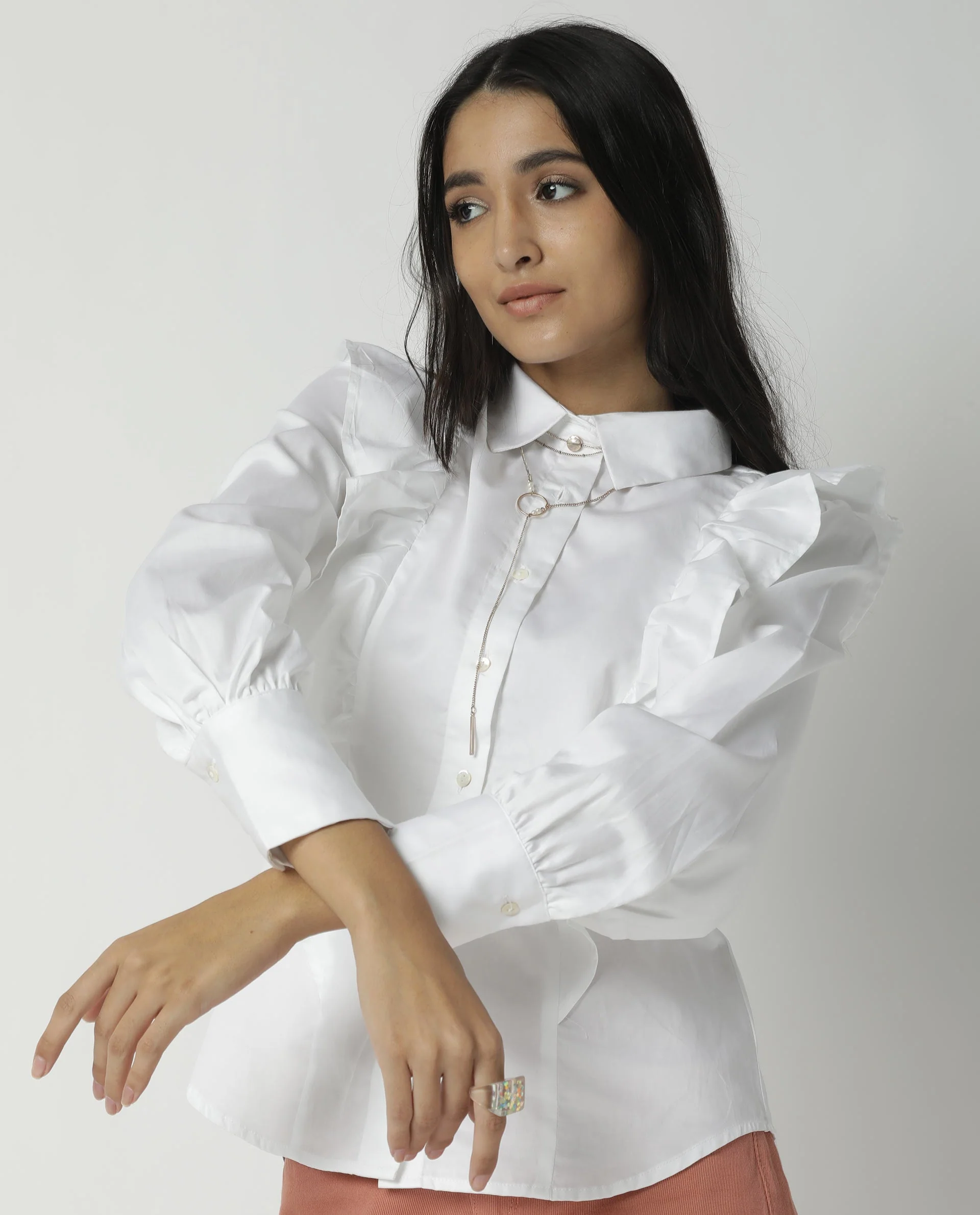 Rareism Womens Fiona White Top Cotton Lycra Fabric Regular Fit Cuffed Sleeve Collared Neck - Image 9