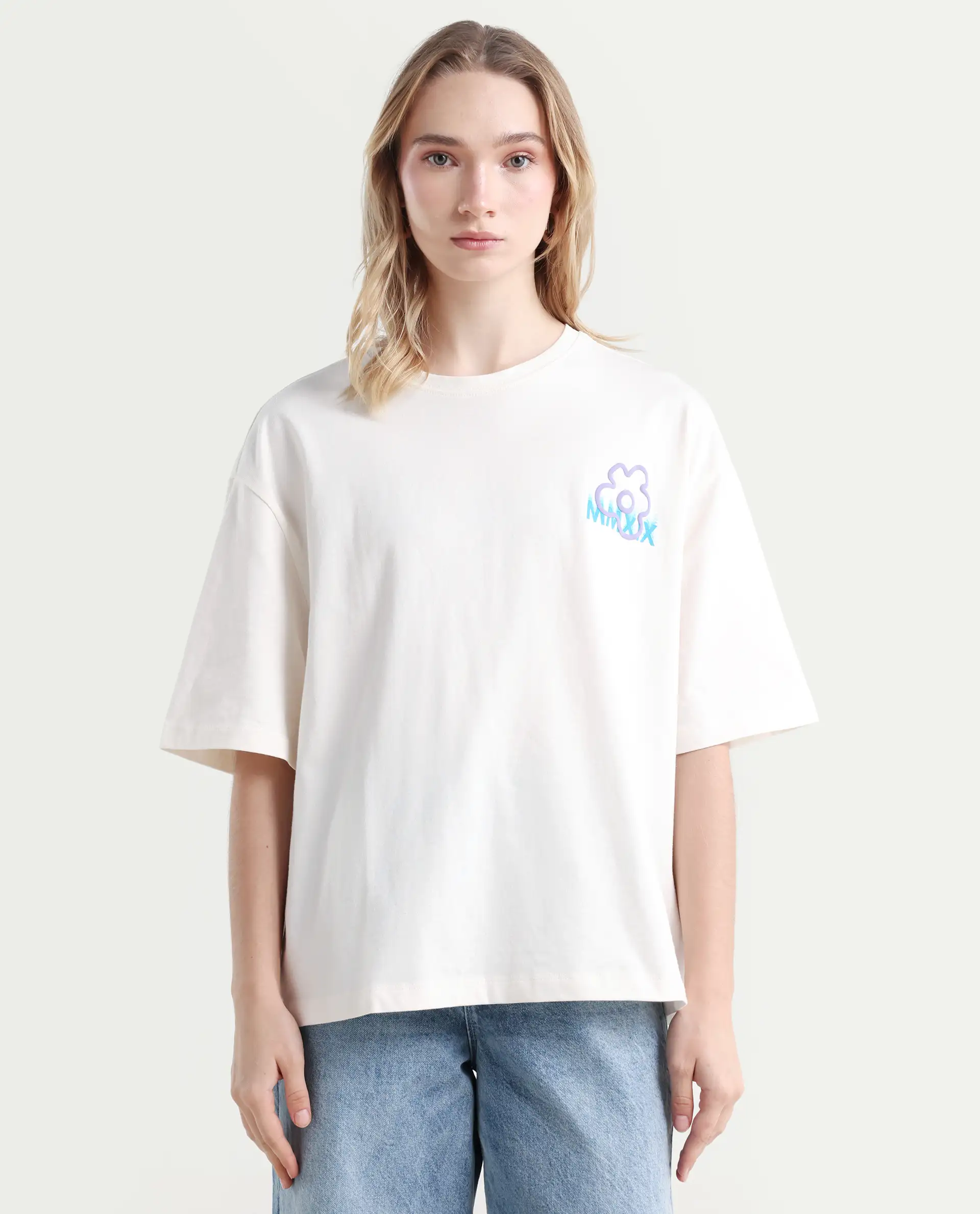 Rareism Women's Fiona Off White Cotton Blend Crew Neck Graphic Print Relaxed Fit T-Shirt - Image 4