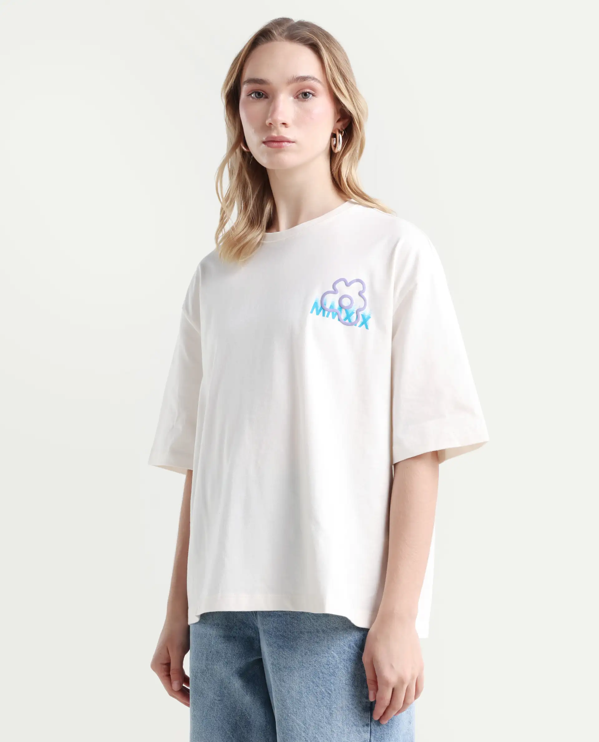 Rareism Women's Fiona Off White Cotton Blend Crew Neck Graphic Print Relaxed Fit T-Shirt - Image 5
