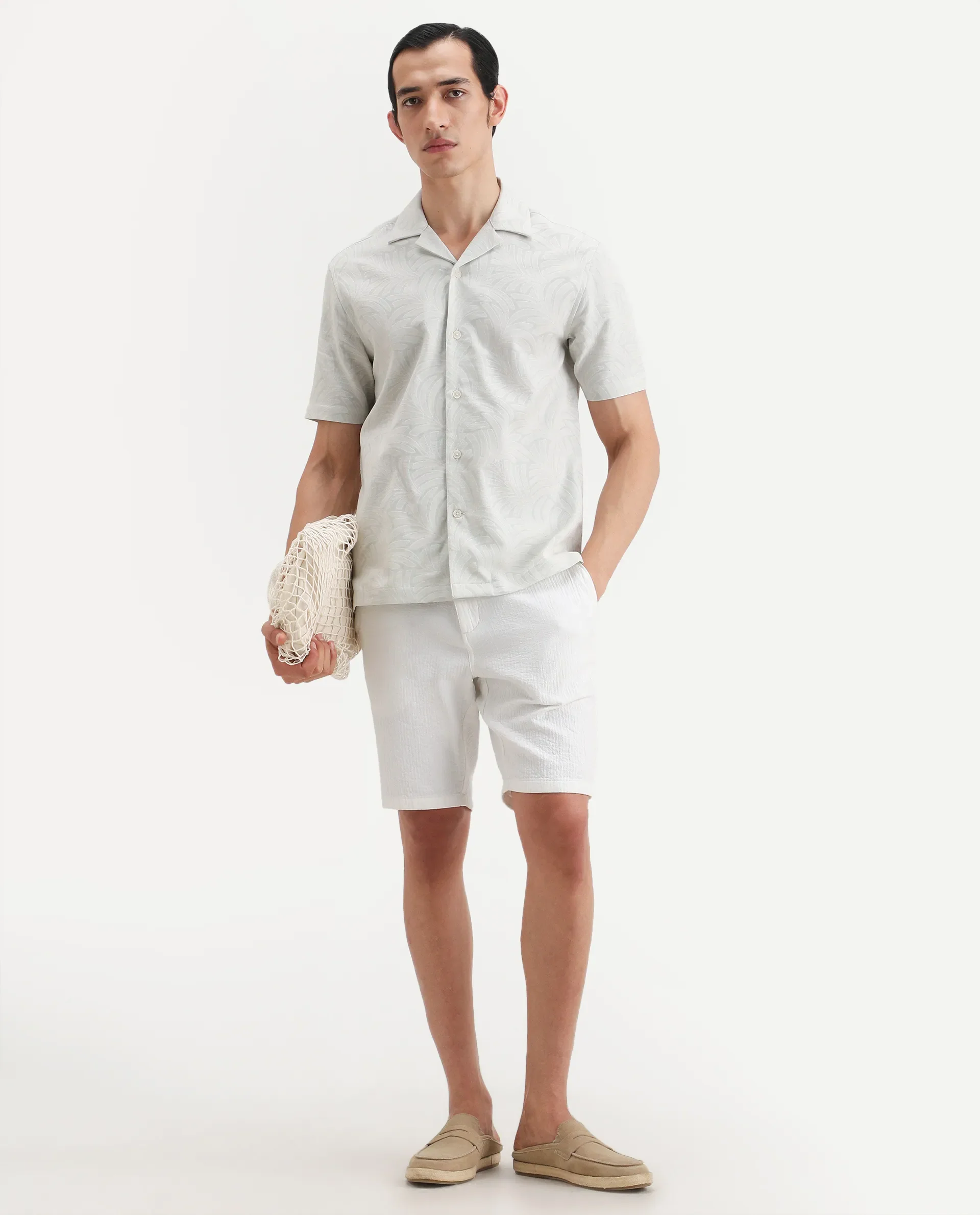 Rare Rabbit Men's Fira Off White Cotton Blend Half Sleeve Cuban Collar Regular Fit Jacquard Shirt - Image 2