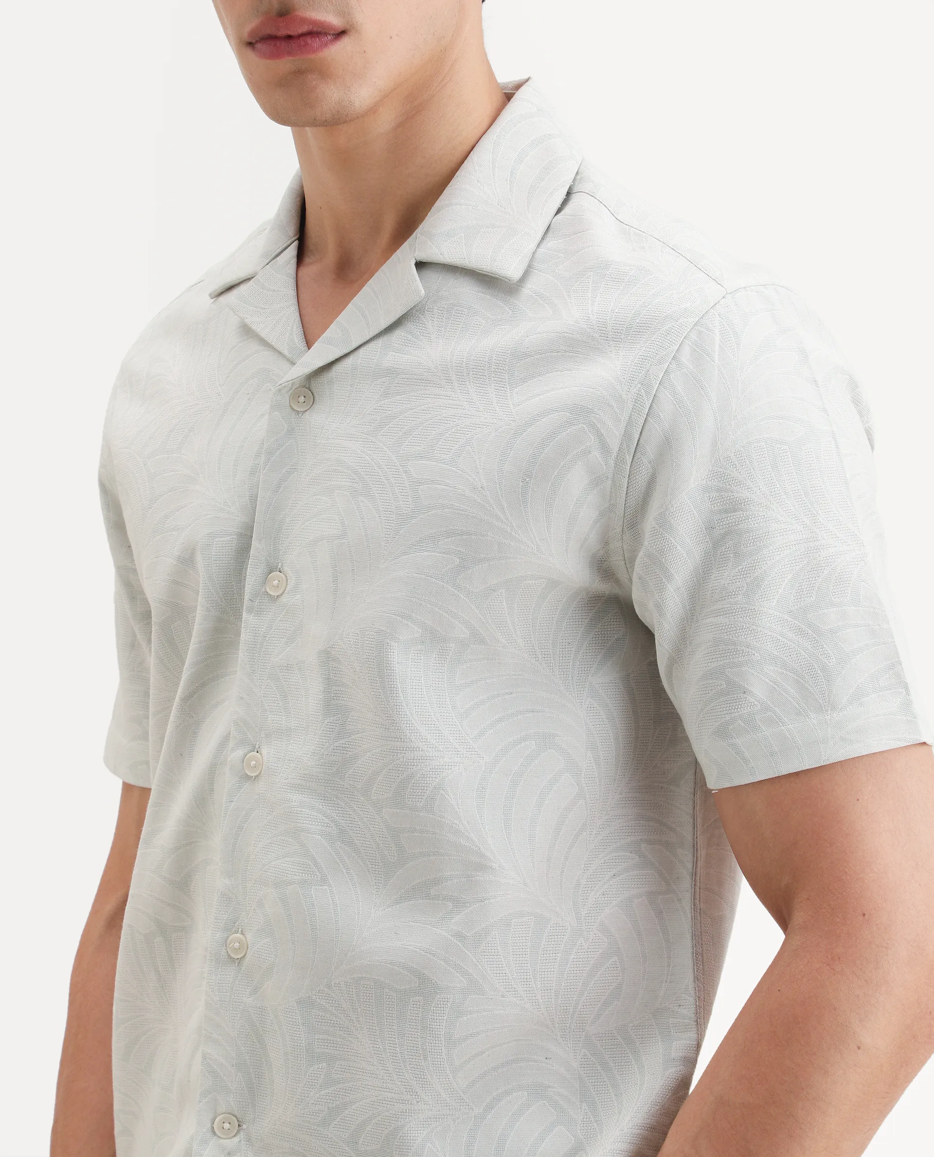 Rare Rabbit Men's Fira Off White Cotton Blend Half Sleeve Cuban Collar Regular Fit Jacquard Shirt - Image 3