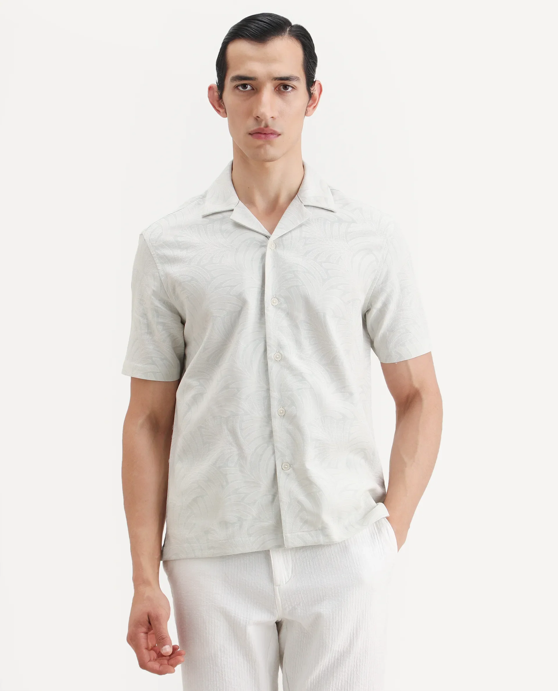 Rare Rabbit Men's Fira Off White Cotton Blend Half Sleeve Cuban Collar Regular Fit Jacquard Shirt - Image 4