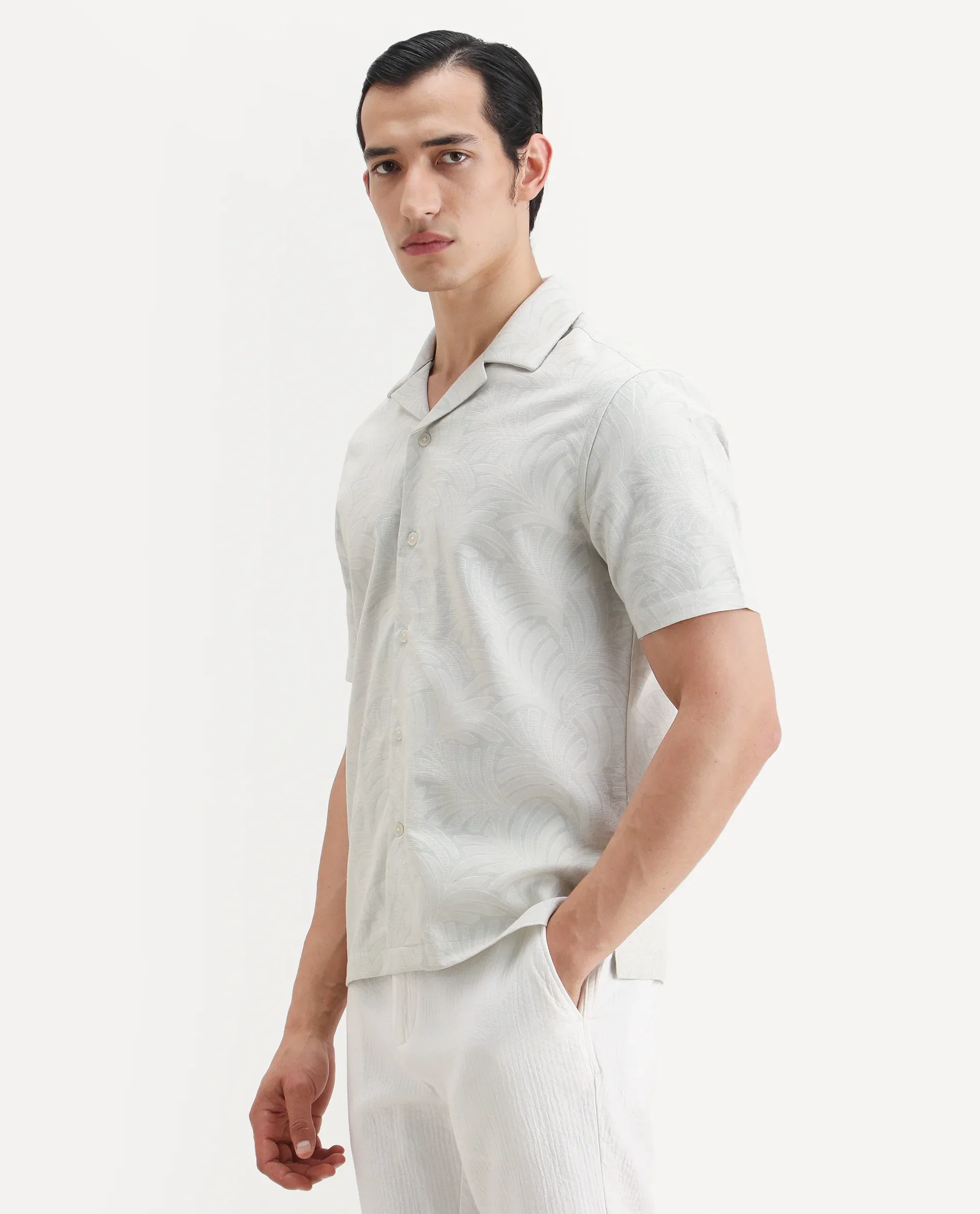 Rare Rabbit Men's Fira Off White Cotton Blend Half Sleeve Cuban Collar Regular Fit Jacquard Shirt - Image 5
