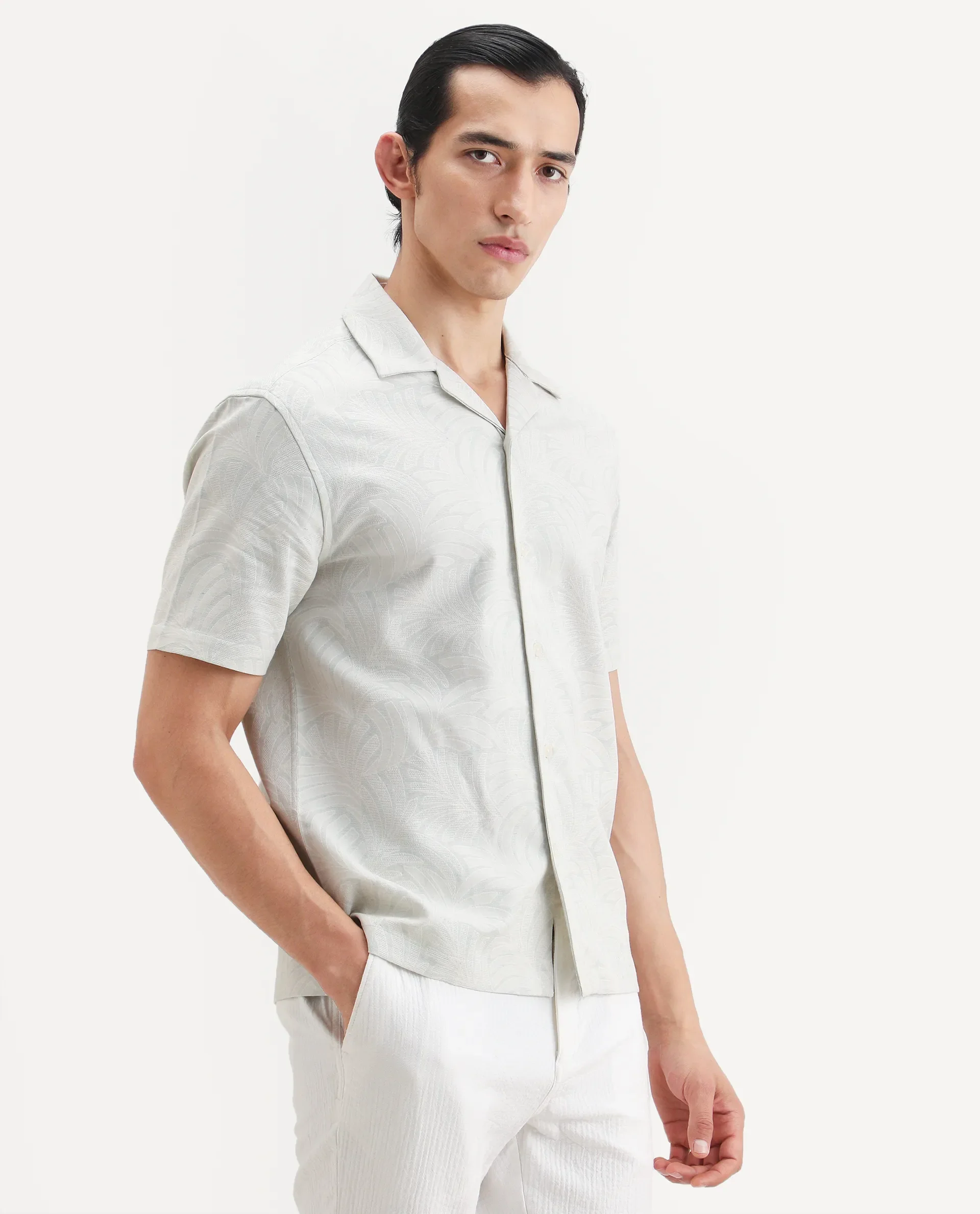 Rare Rabbit Men's Fira Off White Cotton Blend Half Sleeve Cuban Collar Regular Fit Jacquard Shirt - Image 6
