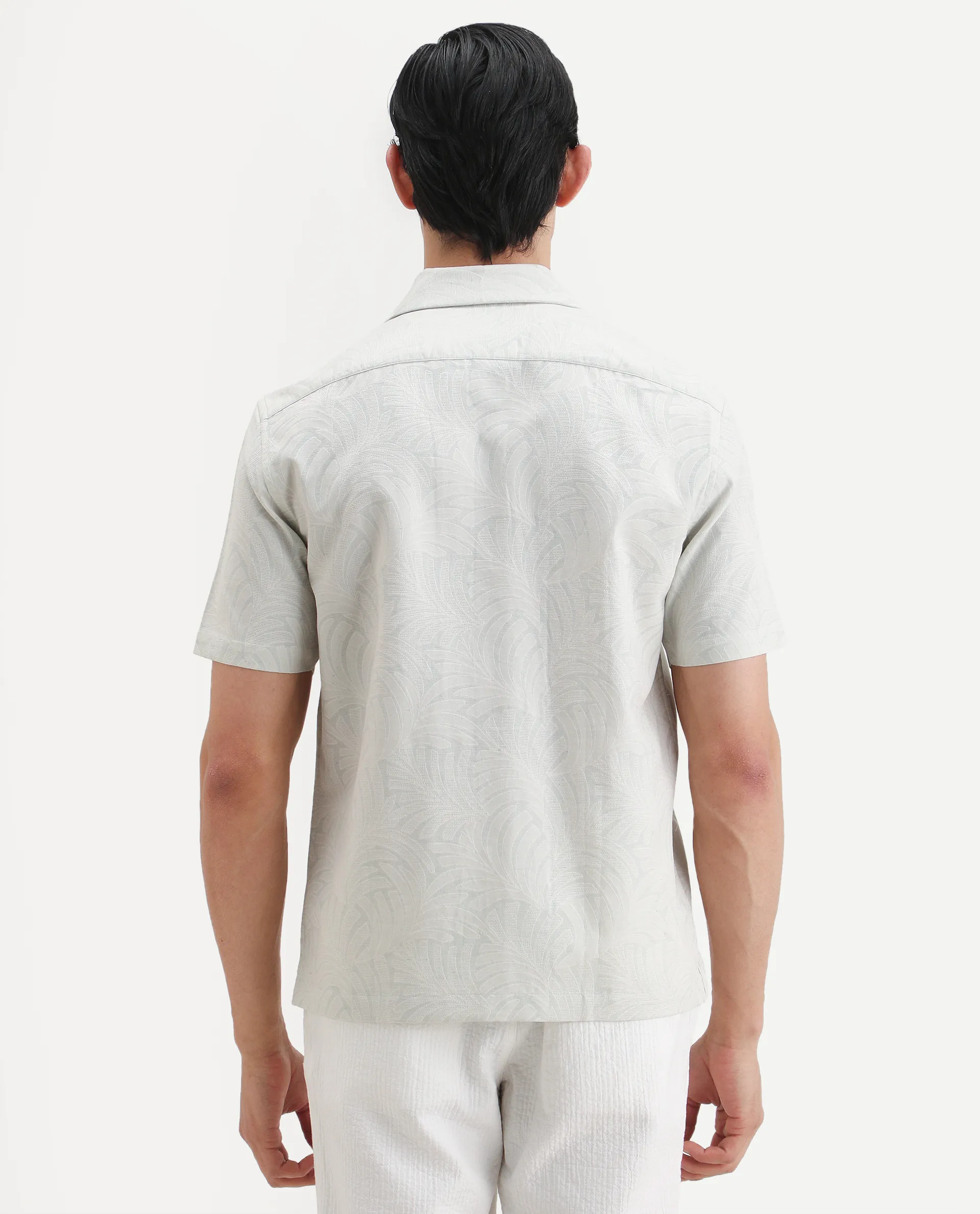 Rare Rabbit Men's Fira Off White Cotton Blend Half Sleeve Cuban Collar Regular Fit Jacquard Shirt - Image 7