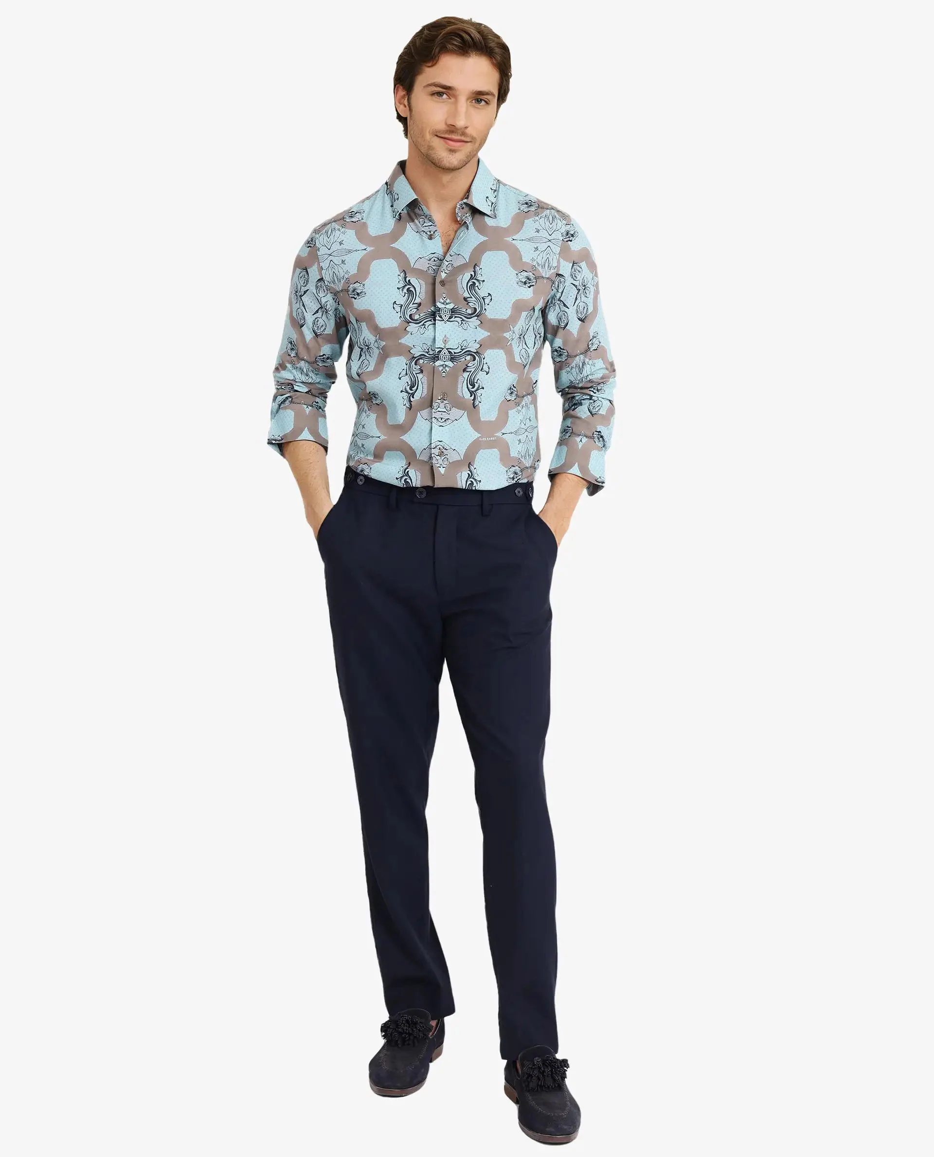 Rare Rabbit Men's Firce Dusky Turq Cotton Abstract Print Regular Fit Full Sleeve Collared Shirt - Image 3