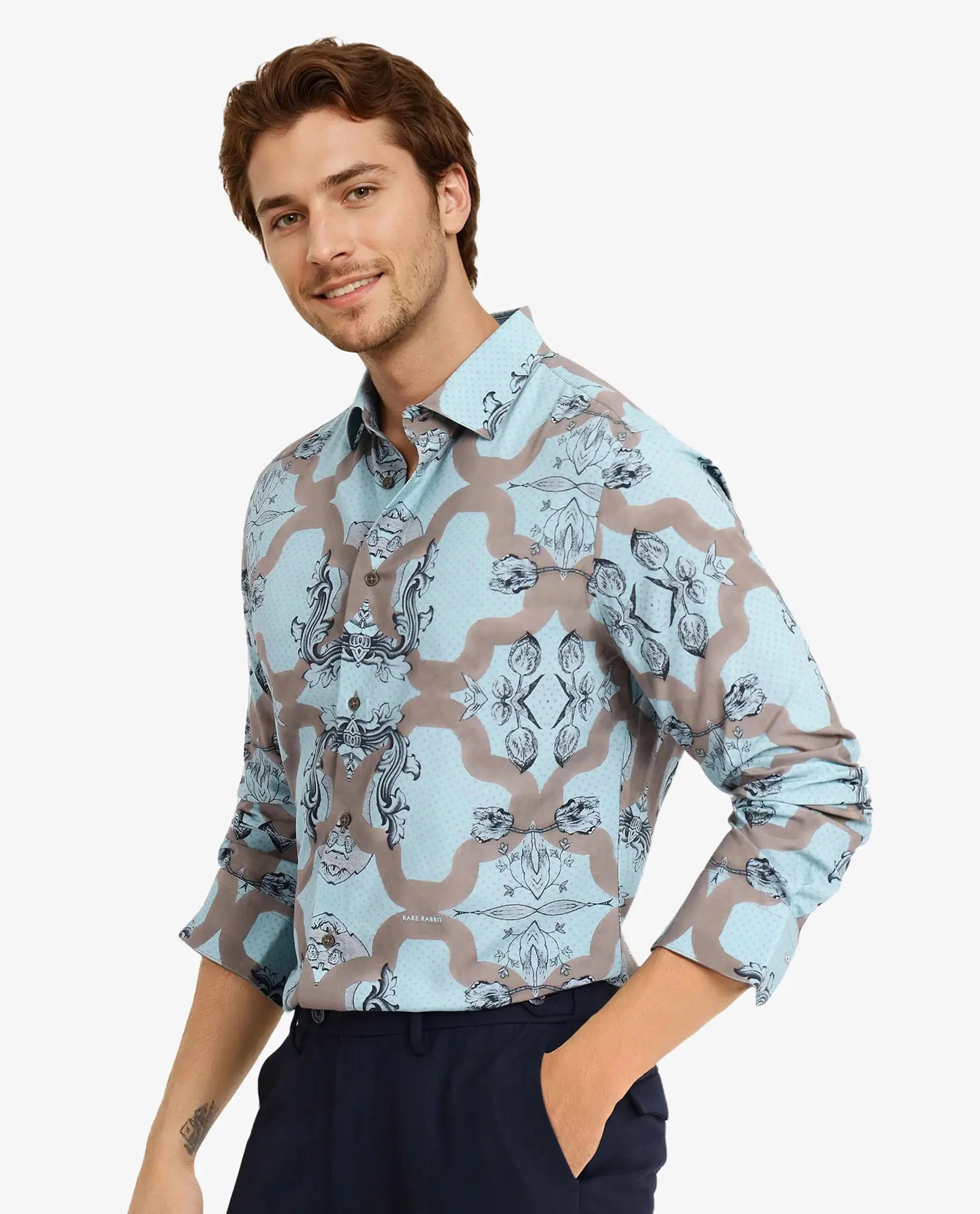 Rare Rabbit Men's Firce Dusky Turq Cotton Abstract Print Regular Fit Full Sleeve Collared Shirt - Image 5