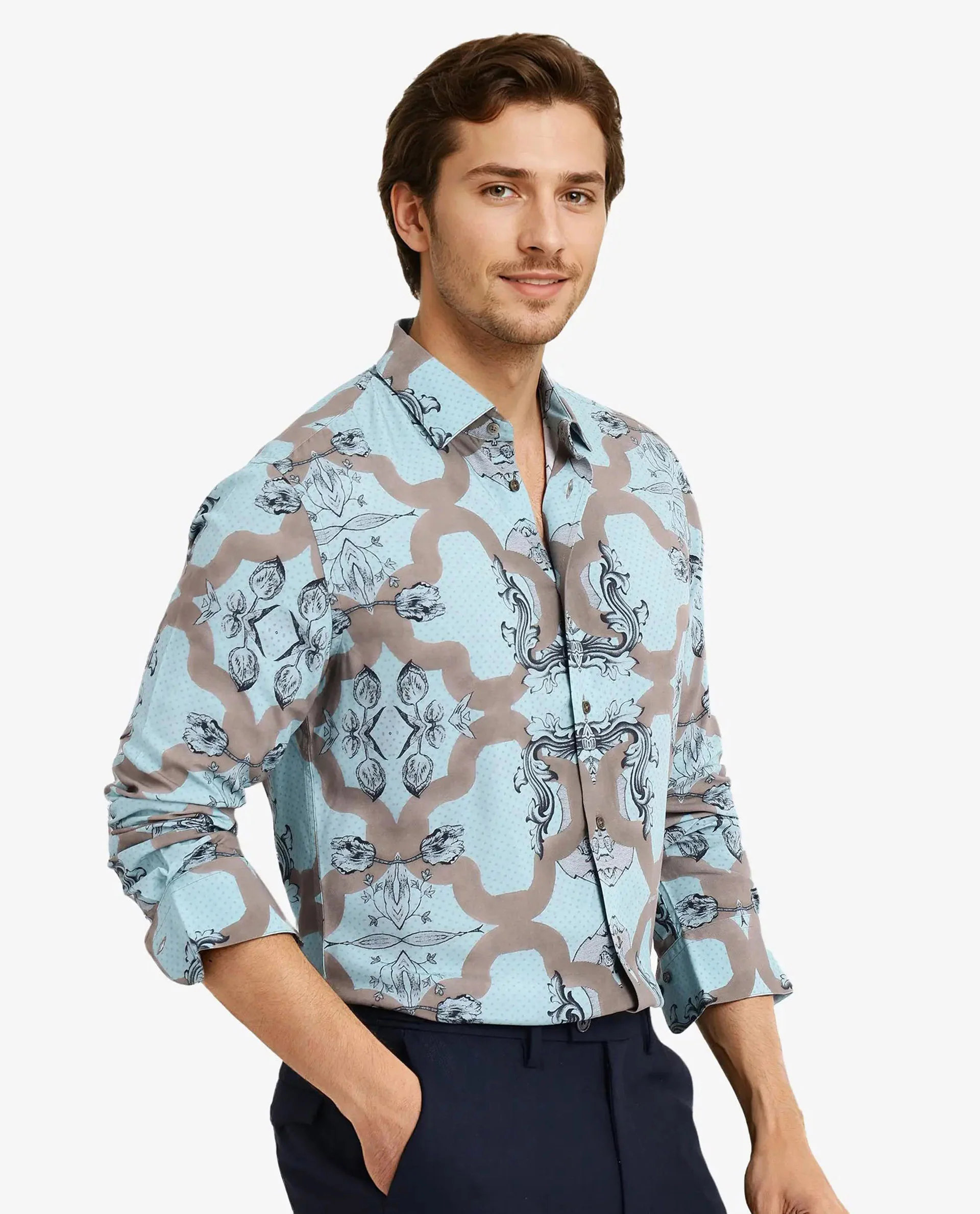 Rare Rabbit Men's Firce Dusky Turq Cotton Abstract Print Regular Fit Full Sleeve Collared Shirt - Image 6
