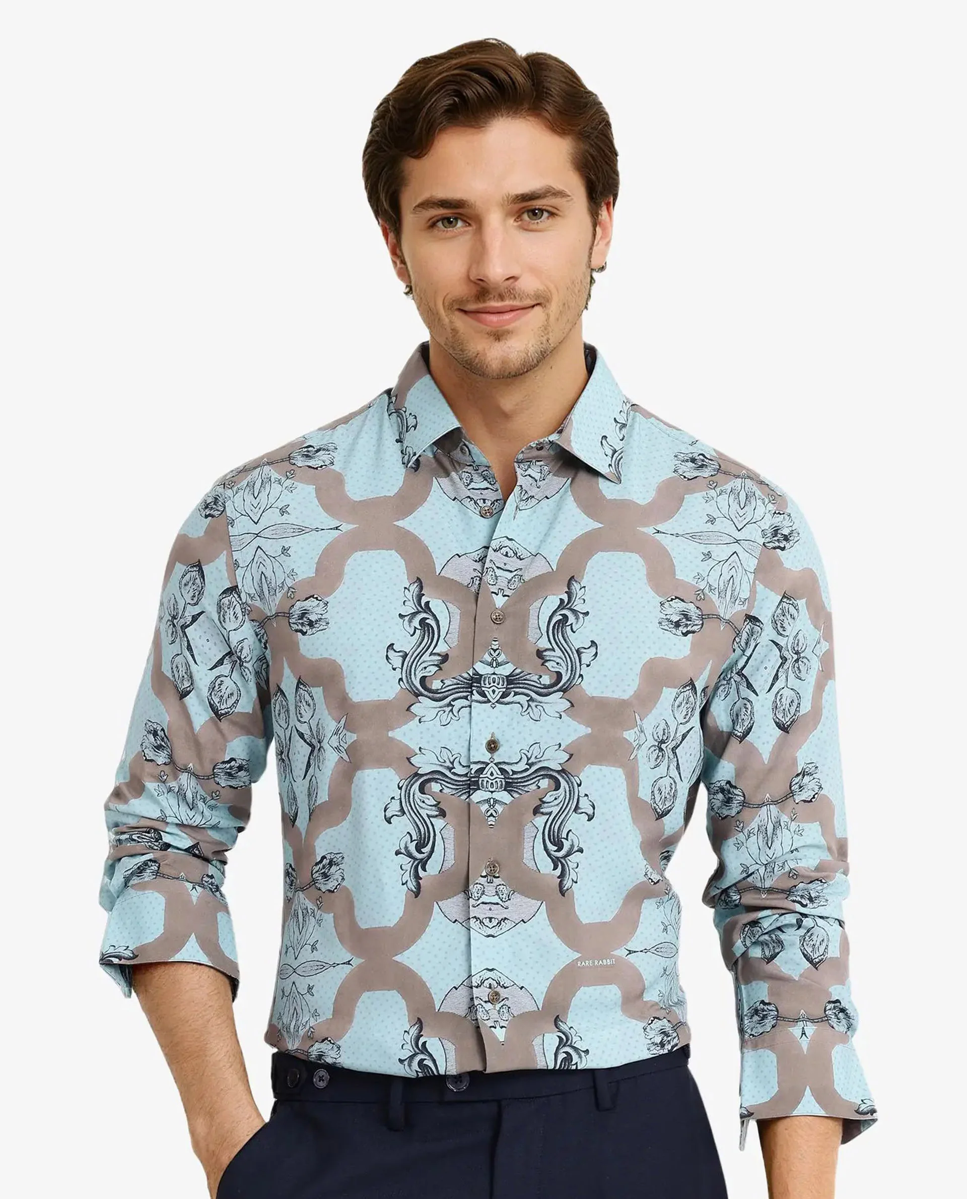 Rare Rabbit Men's Firce Dusky Turq Cotton Abstract Print Regular Fit Full Sleeve Collared Shirt - Image 7