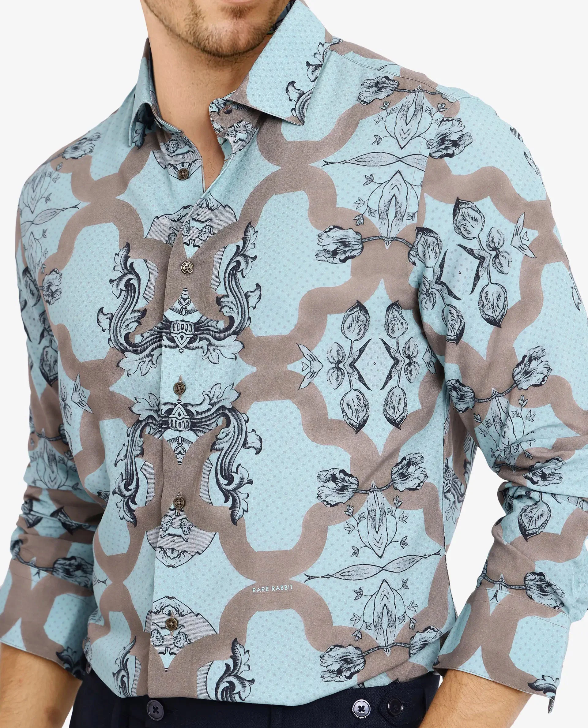 Rare Rabbit Men's Firce Dusky Turq Cotton Abstract Print Regular Fit Full Sleeve Collared Shirt - Image 8