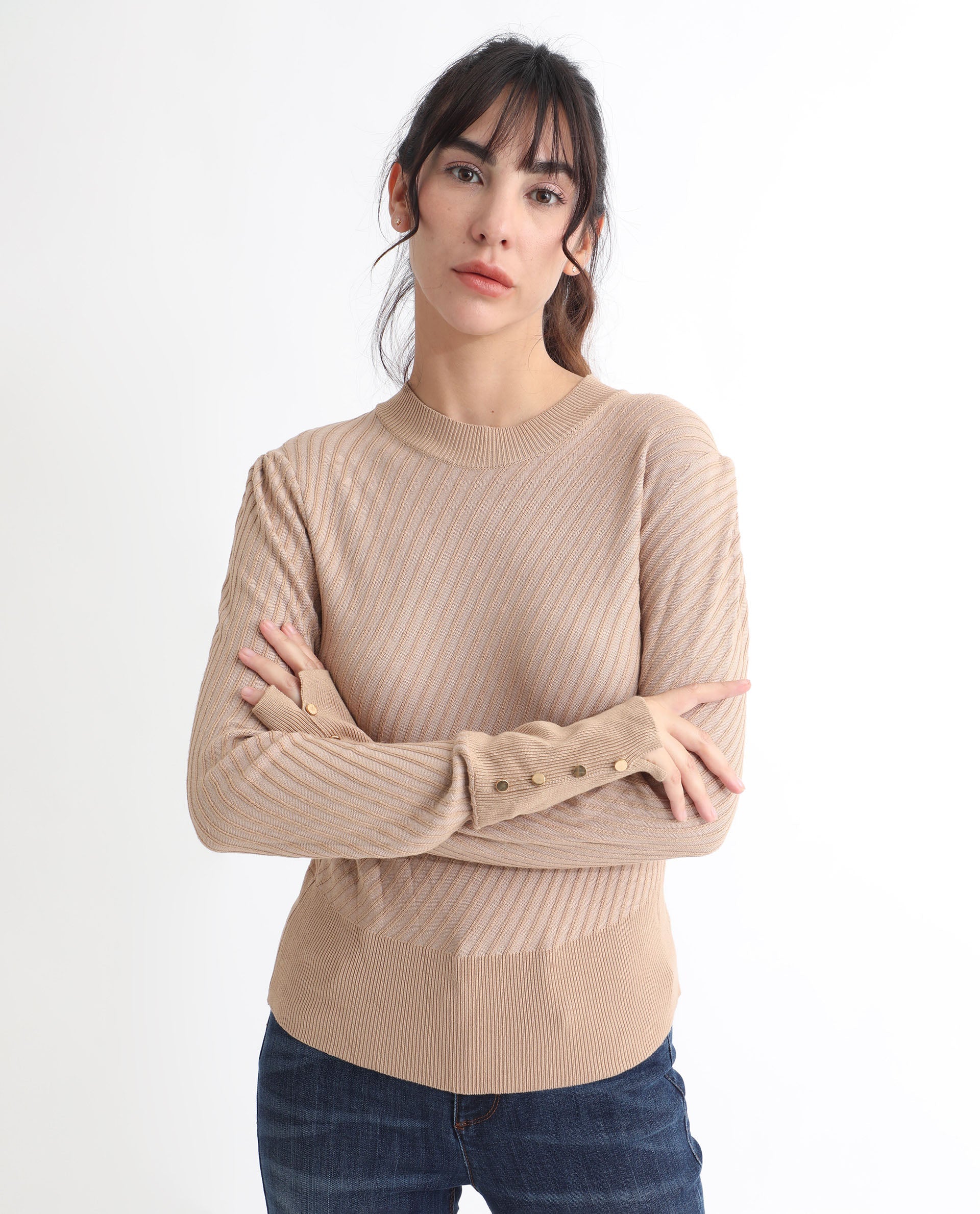 Rareism Women's Fischer Beige Viscose High Neck Plain Regular Fit Sweater