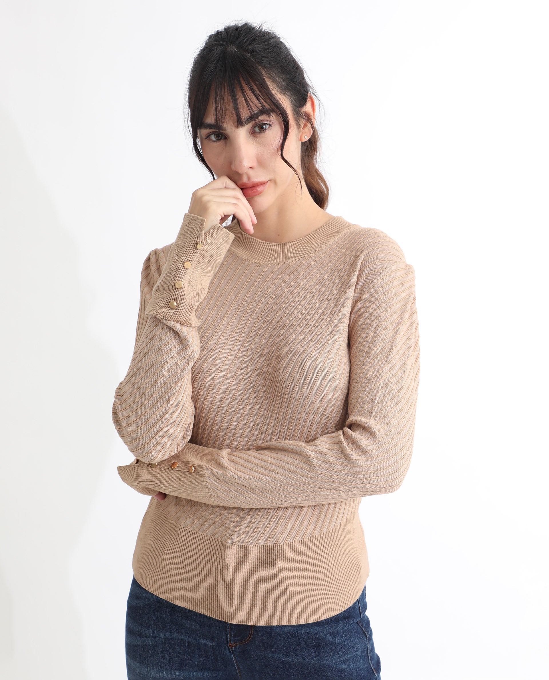 Rareism Women's Fischer Beige Viscose High Neck Plain Regular Fit Sweater - Image 2