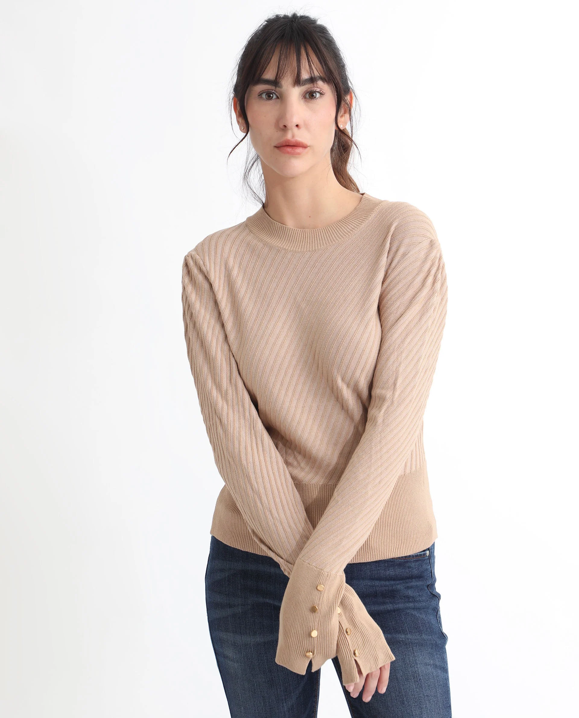 Rareism Women's Fischer Beige Viscose High Neck Plain Regular Fit Sweater - Image 3