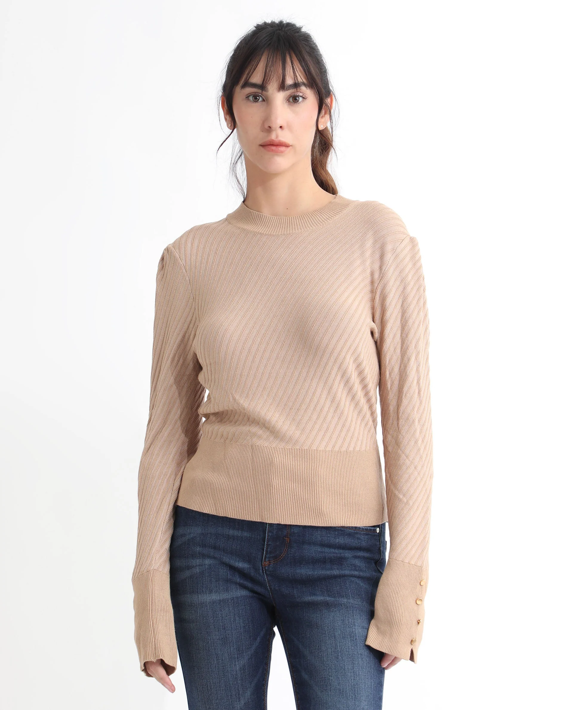 Rareism Women's Fischer Beige Viscose High Neck Plain Regular Fit Sweater - Image 4