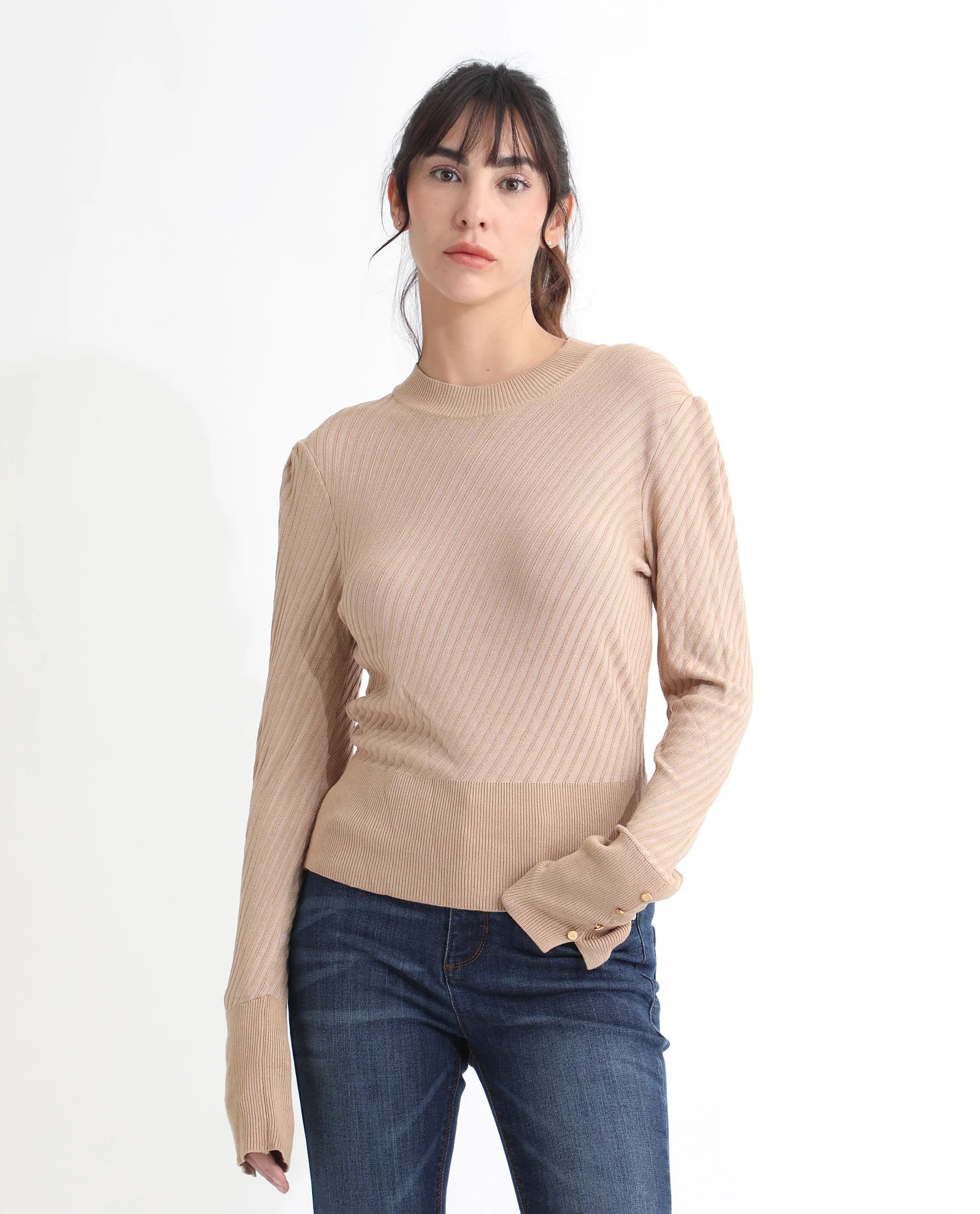 Rareism Women's Fischer Beige Viscose High Neck Plain Regular Fit Sweater - Image 5