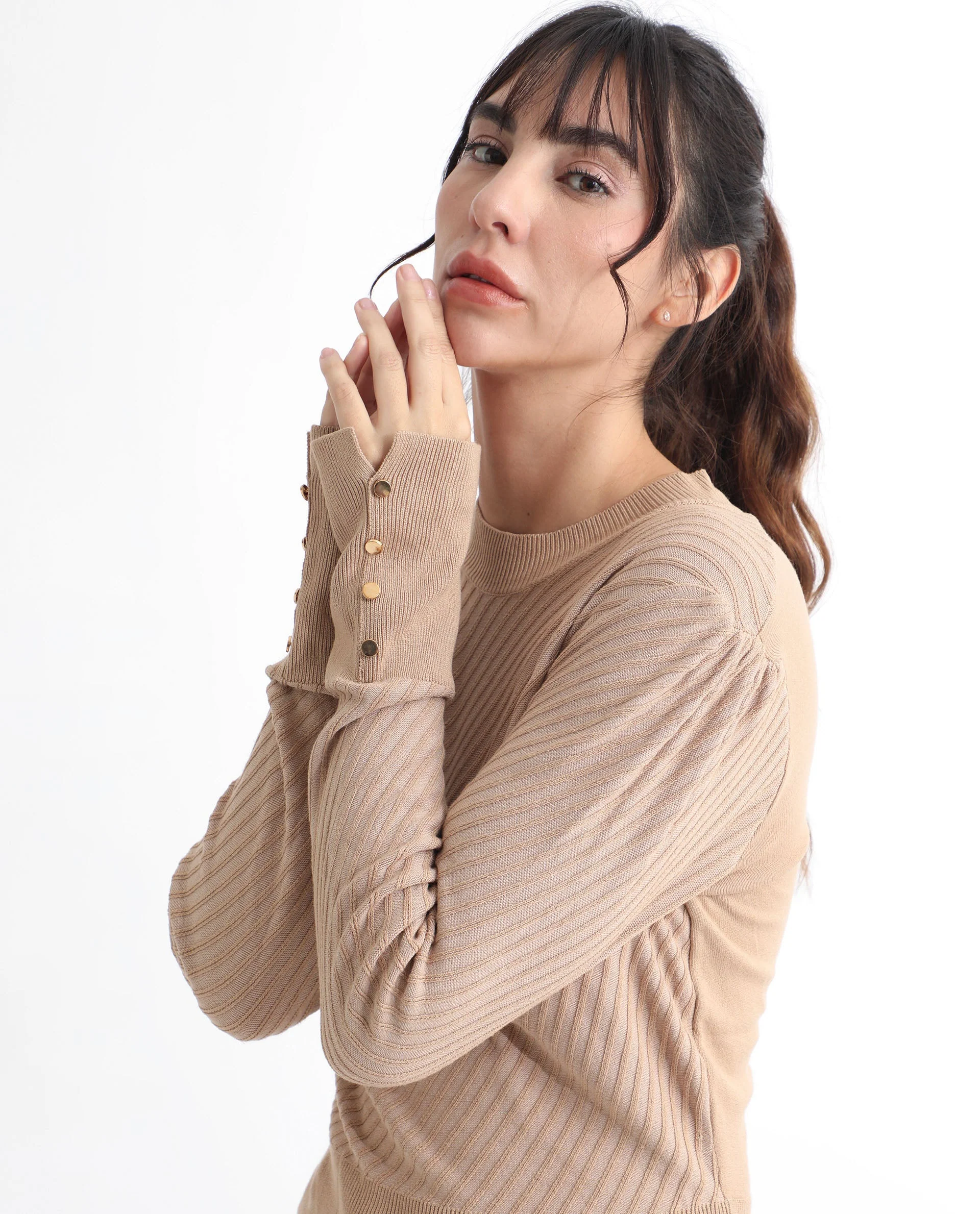 Rareism Women's Fischer Beige Viscose High Neck Plain Regular Fit Sweater - Image 6