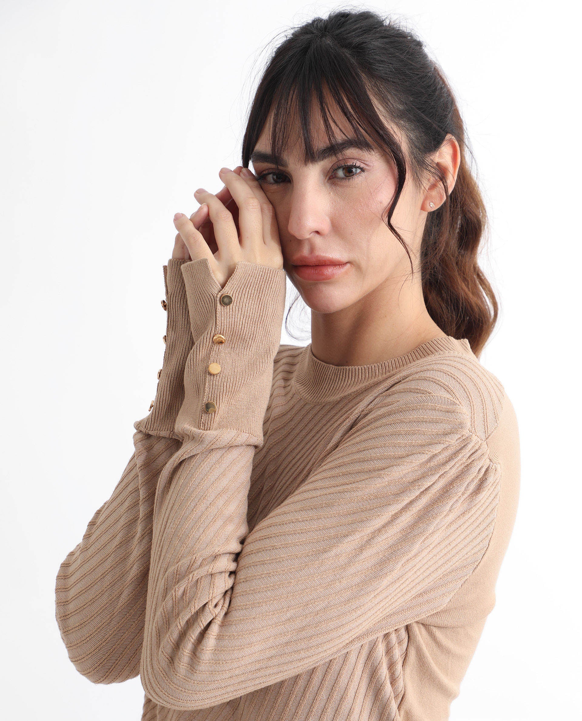 Rareism Women's Fischer Beige Viscose High Neck Plain Regular Fit Sweater - Image 7