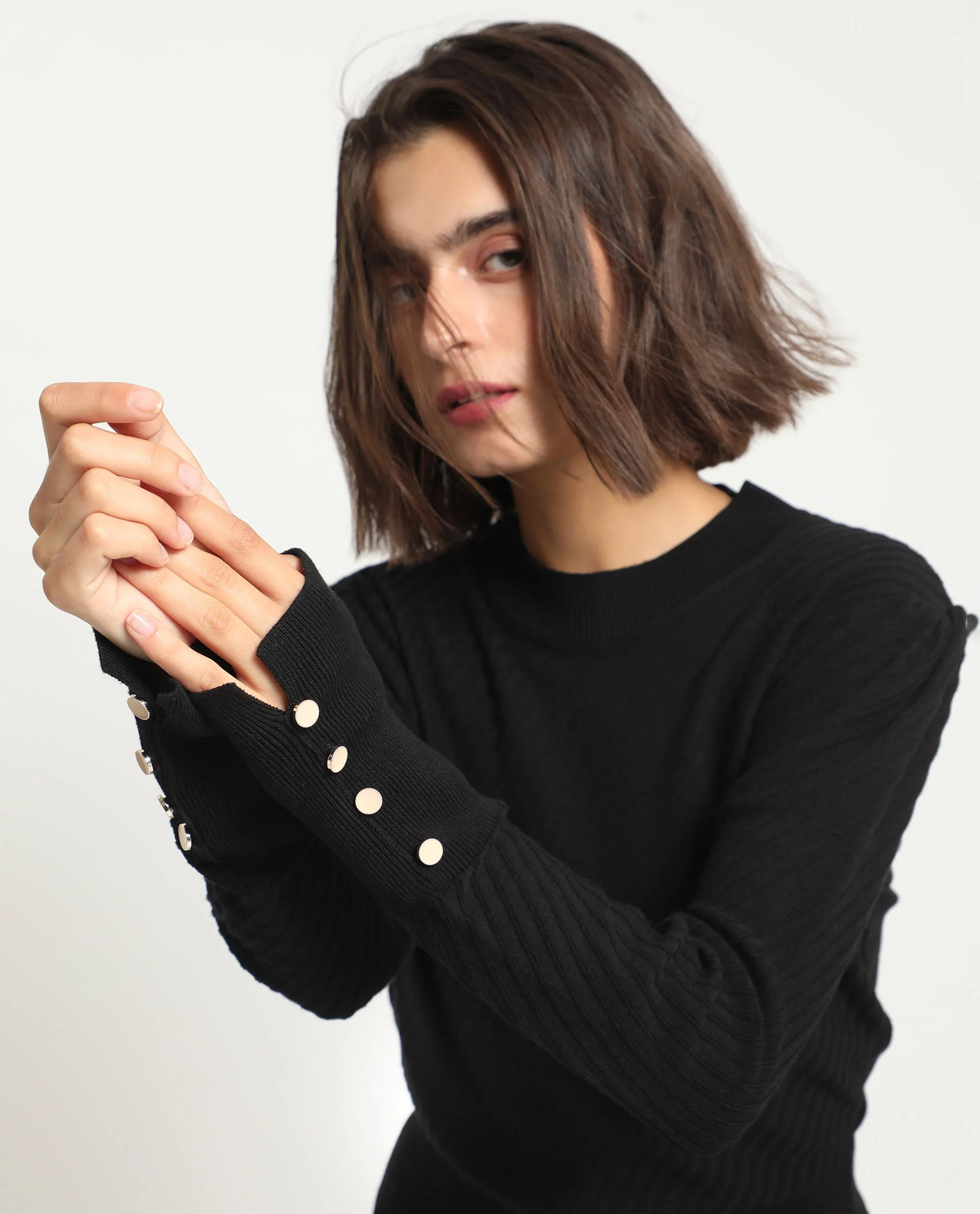 Rareism Women's Fischer Black Viscose High Neck Plain Regular Fit Sweater - Image 2