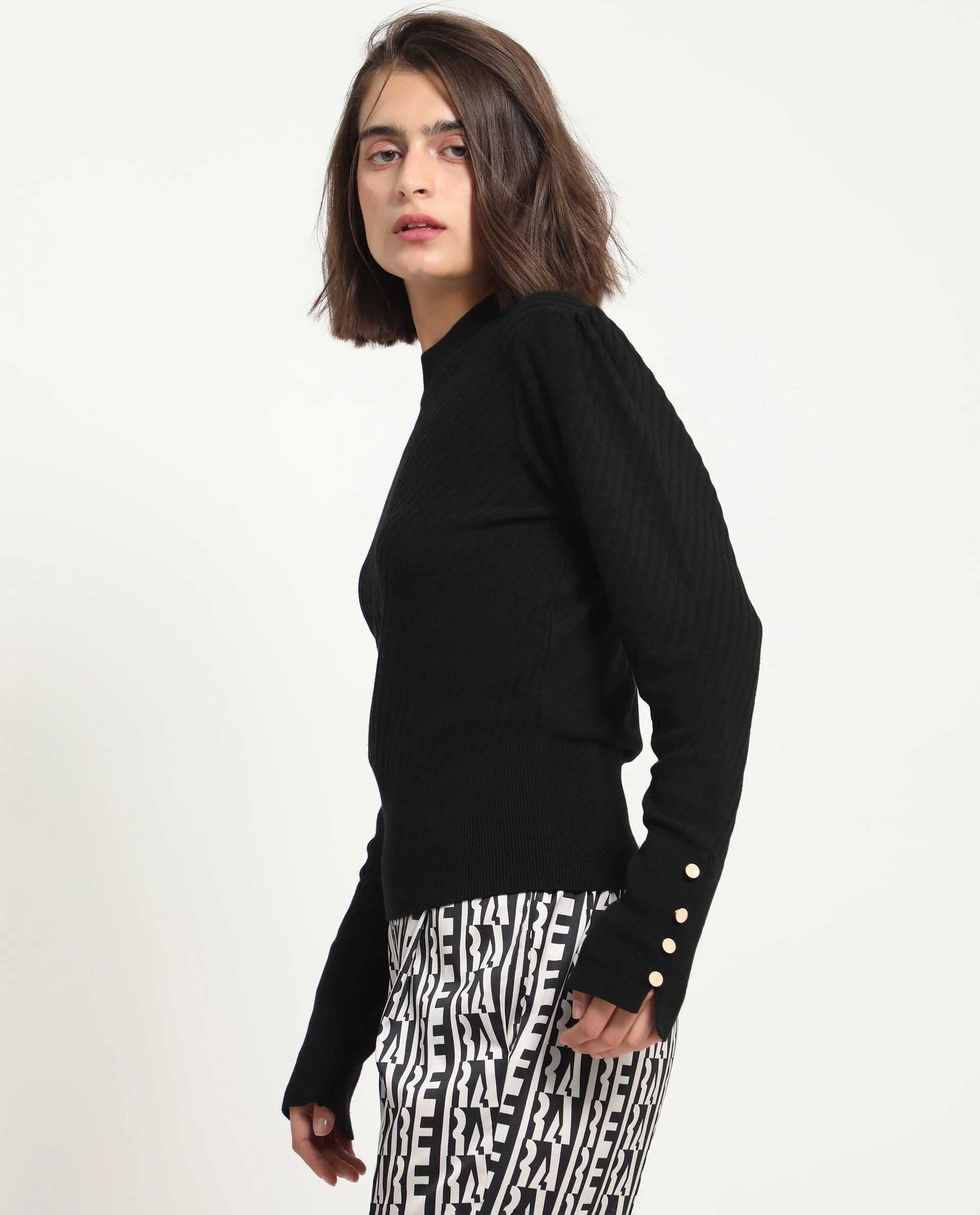 Rareism Women's Fischer Black Viscose High Neck Plain Regular Fit Sweater - Image 3