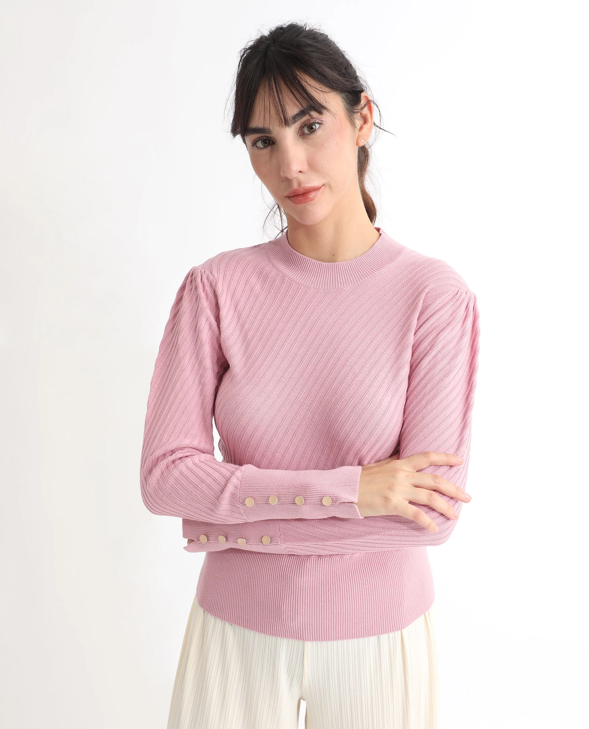 Rareism Women's Fischer Pink Viscose High Neck Plain Regular Fit Sweater - Image 2